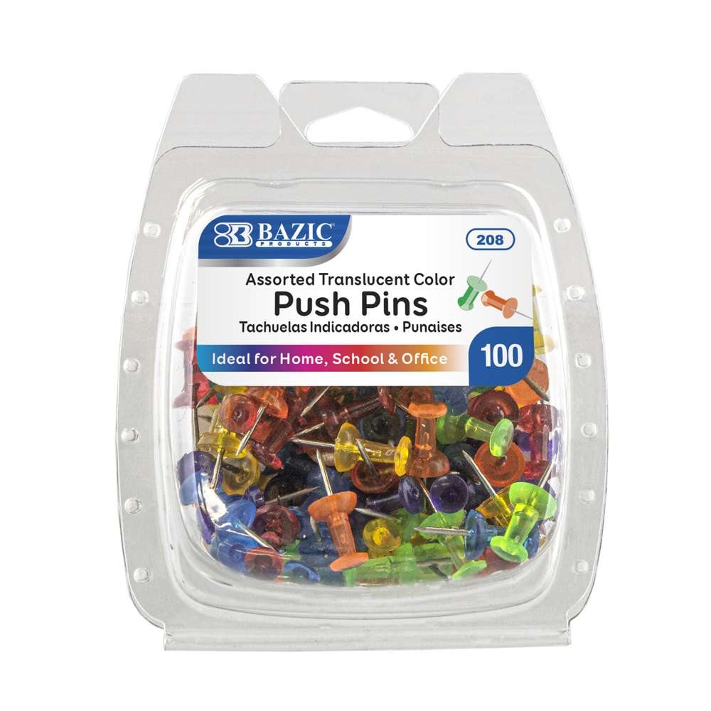 Assorted Translucent Color Push Pins (100/Pack)