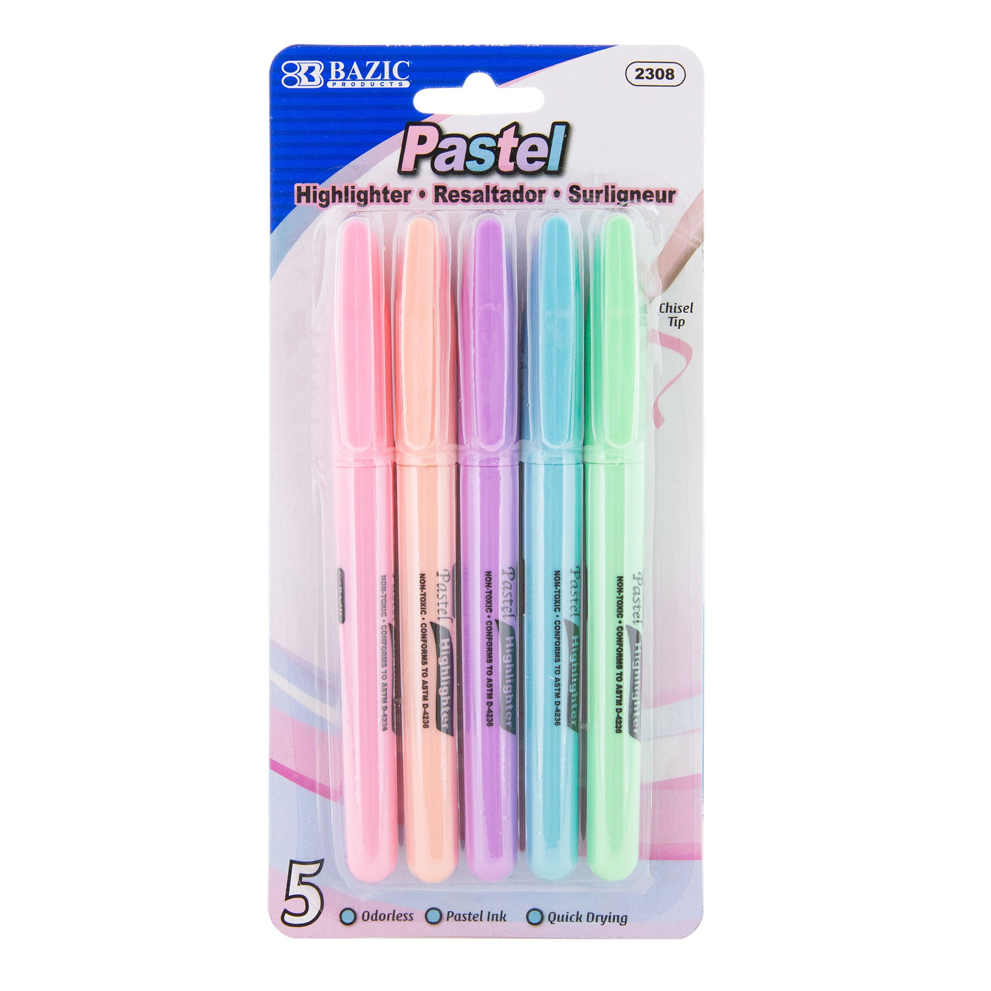 Pen Style Pastel Highlighters w/ Pocket Clip (5/Pack)