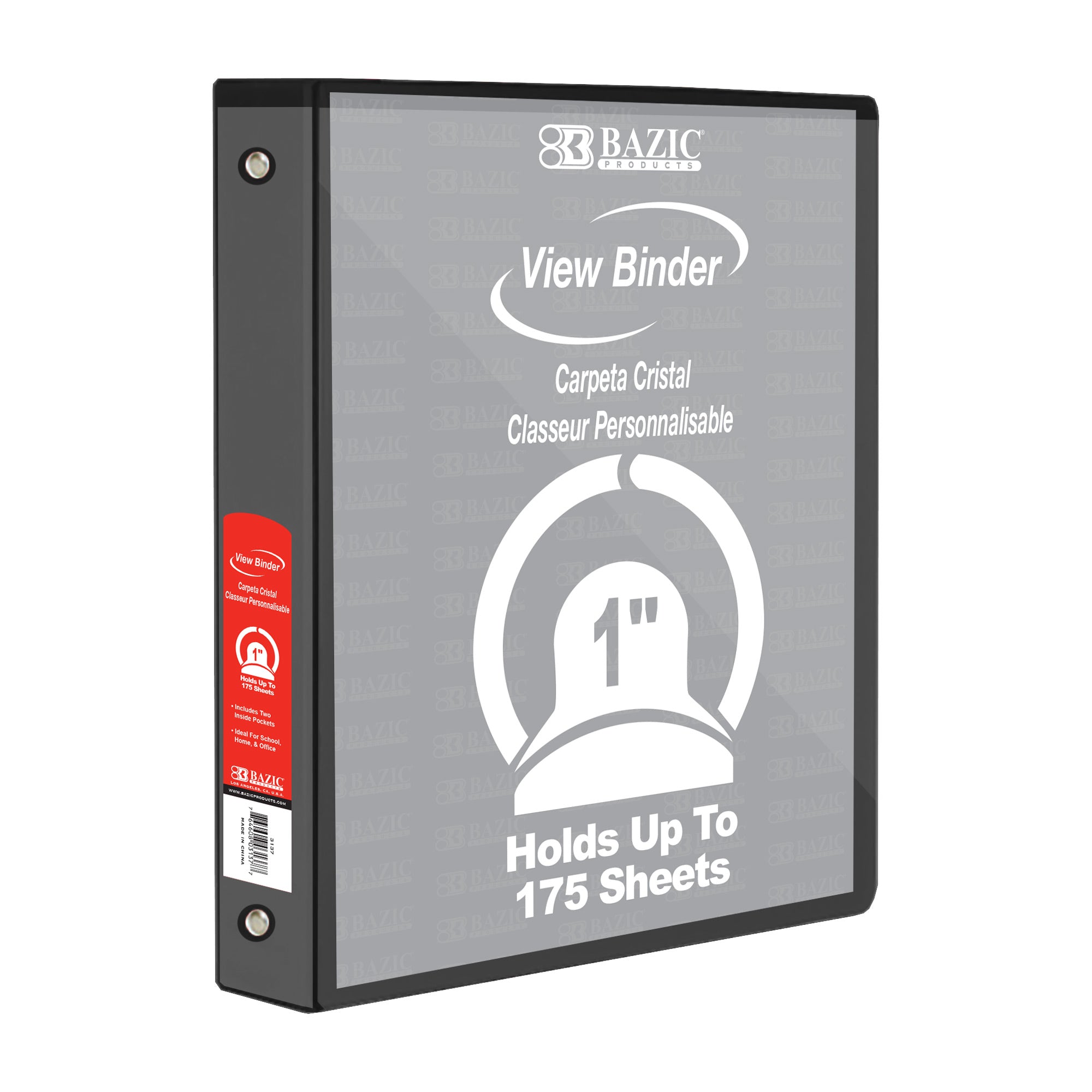 BAZIC 1 In. Black 3-Ring View Binder with 2-Pockets