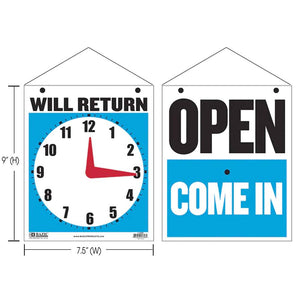 Clock Sign "WILL RETURN" w/ "OPEN" sign on back 7.5" X 9"