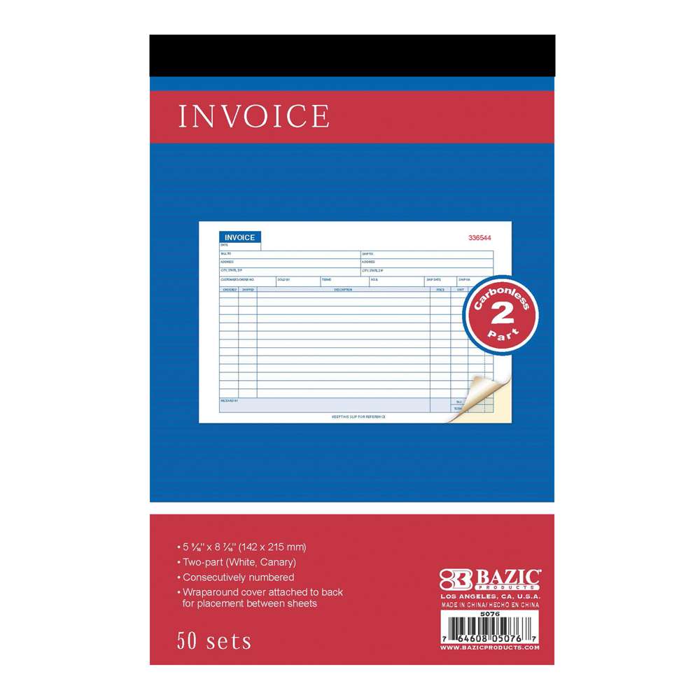 50 Sets 5 9/16" x 8 7/16" 2-Part Carbonless Invoice Book