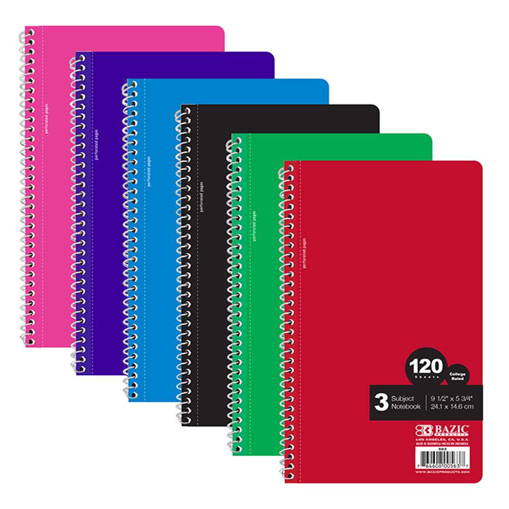 C/R 120 Ct. 9.5" X 5.75" 3-Subject Spiral Notebook