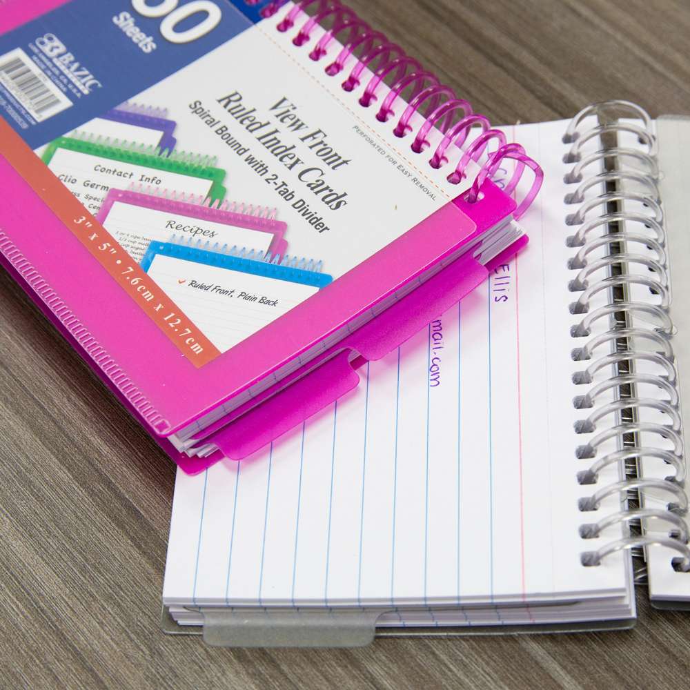 50 Ct. View Poly Spiral Bound 3" x 5" Ruled White Index Card w/ 2-Tab Divider
