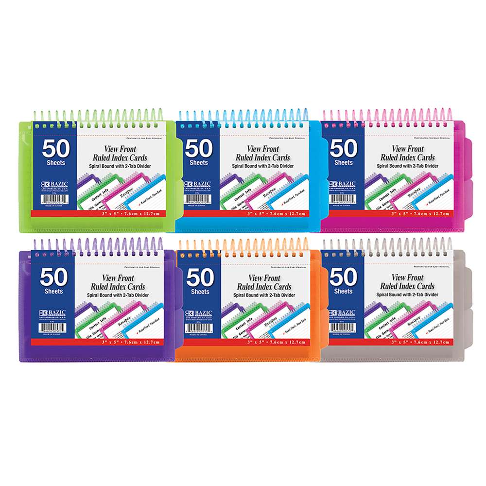 50 Ct. View Poly Spiral Bound 3" x 5" Ruled White Index Card w/ 2-Tab Divider