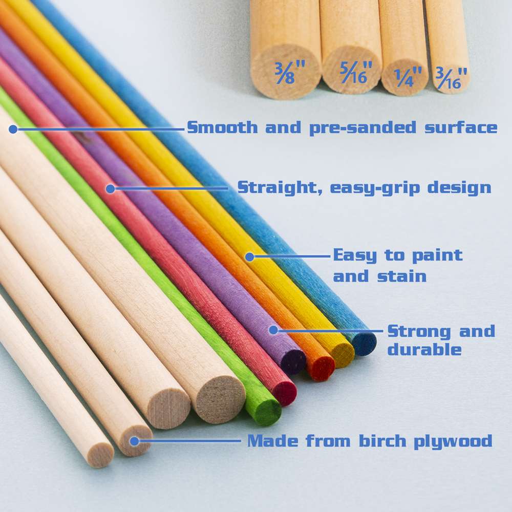 3/16" x 12" Round Multi-Colored Wooden Dowel (15/Bag)