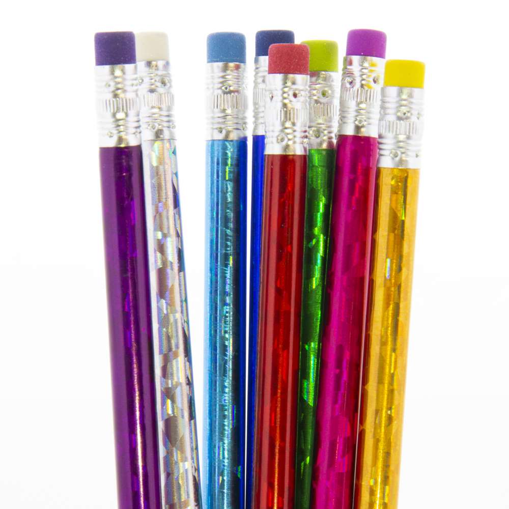 Wood Pencil w/ Eraser Metallic Laser Foil (8/Pack)