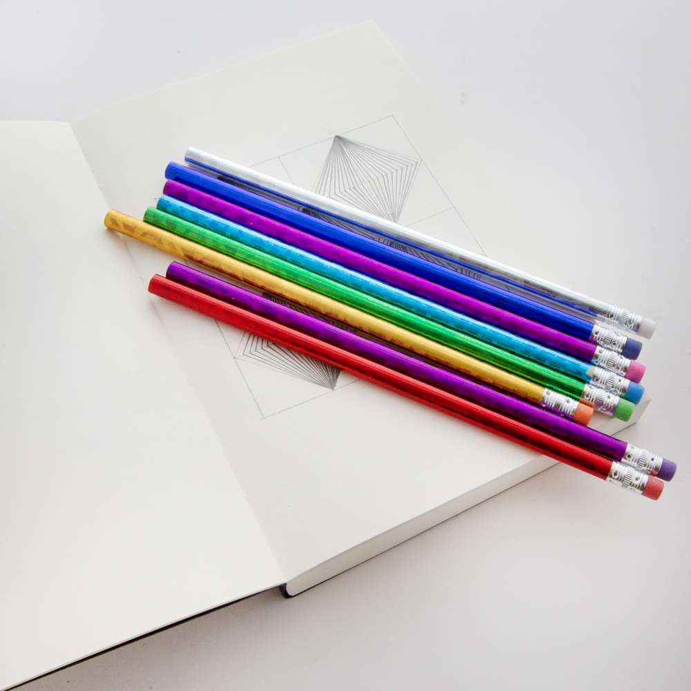 Wood Pencil w/ Eraser Metallic Laser Foil (8/Pack)