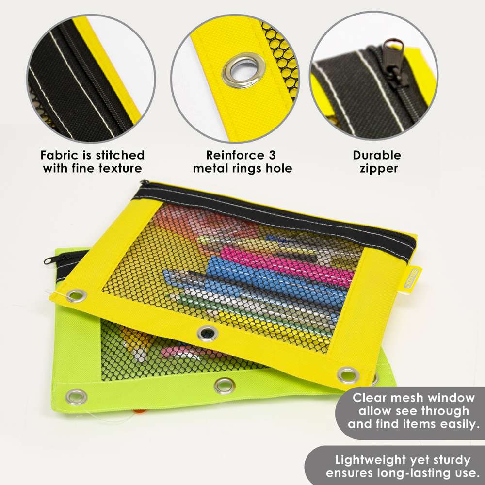 Bright Color 3-Ring Pencil Pouch w/ Mesh Window
