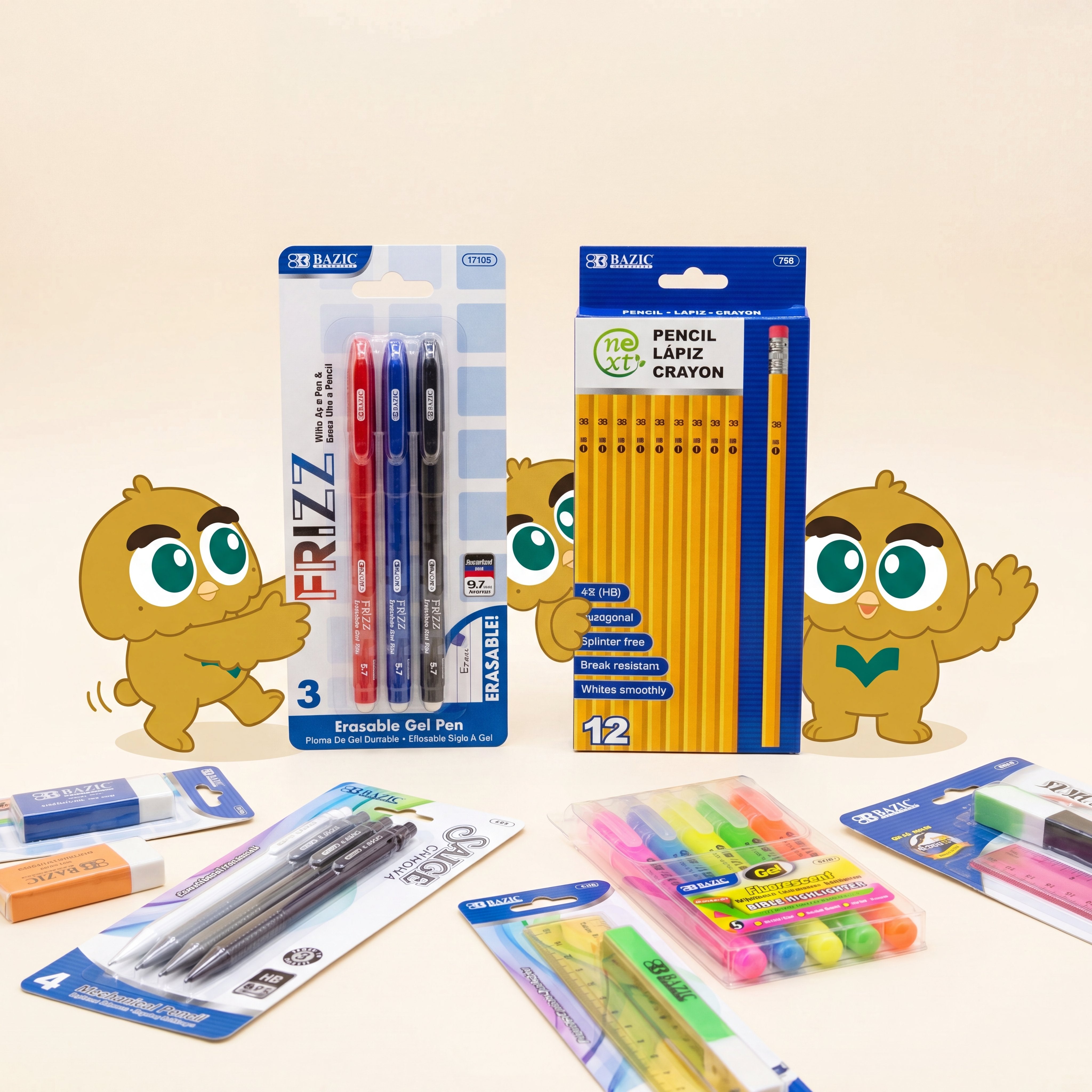 OWZI characters with a spread of BAZIC school supplies