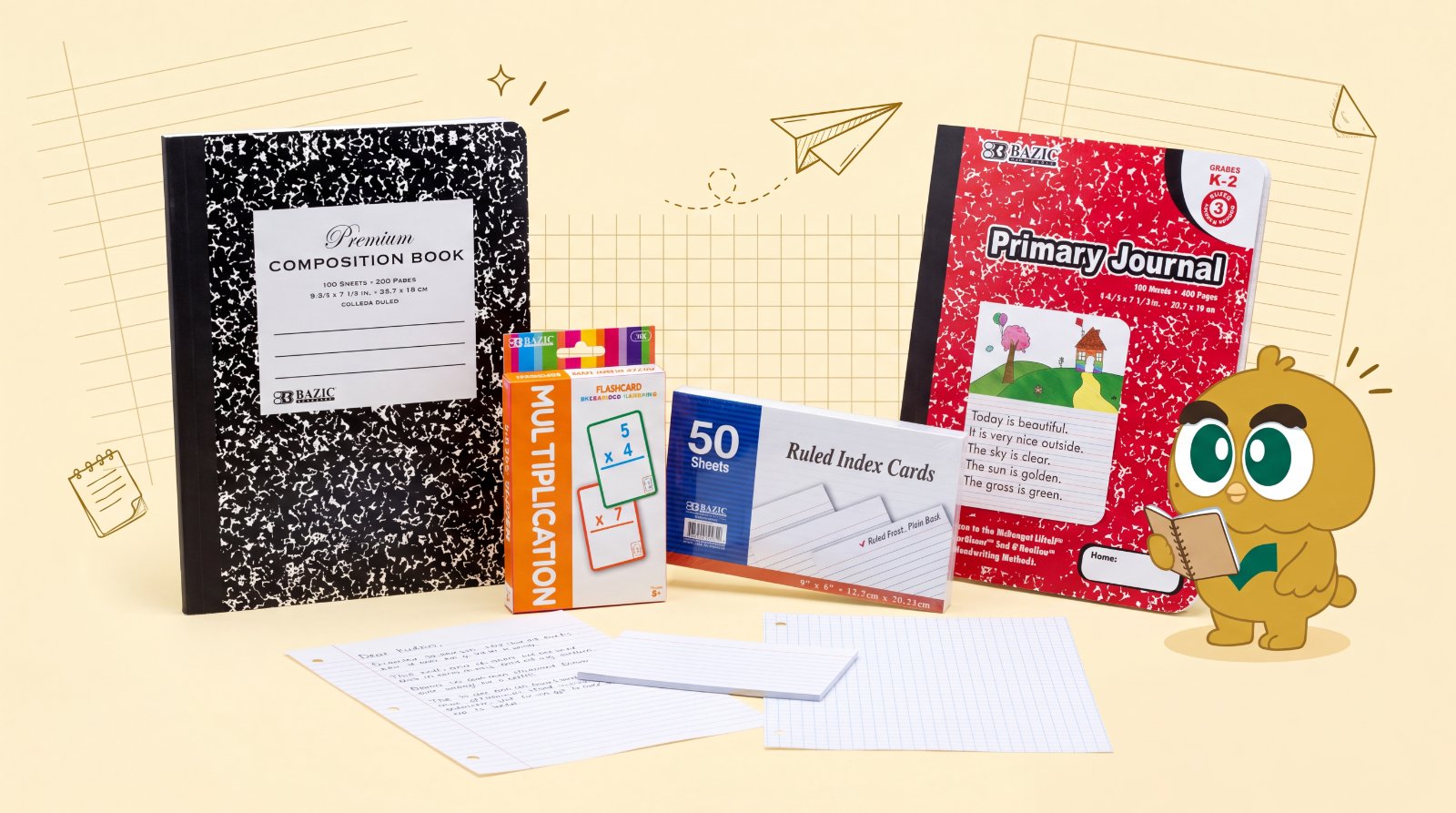 BAZIC paper products — composition book, primary journal, index cards, flashcards