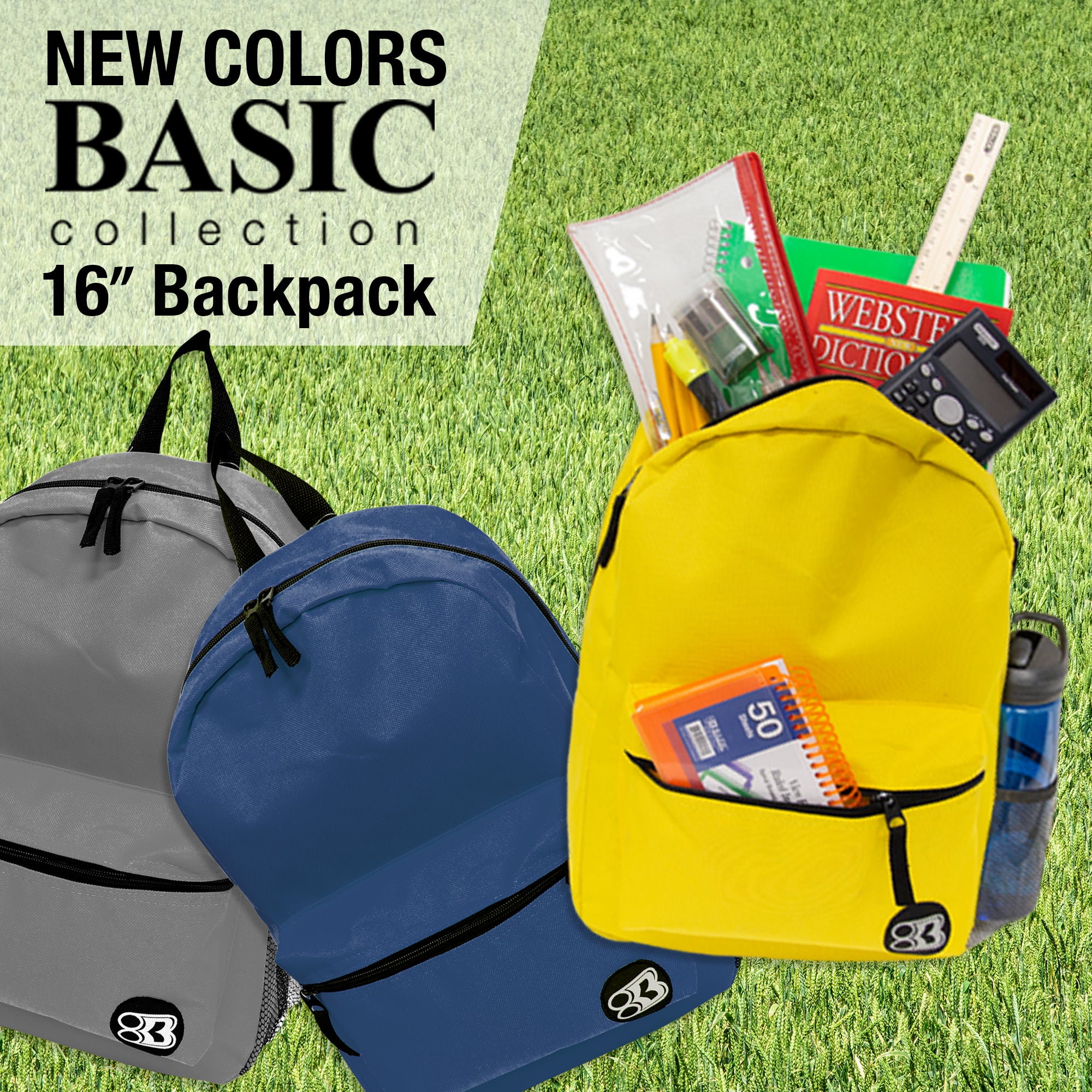 Gray Basic School Backpack, 16 Inch Book Bag, Travel Work