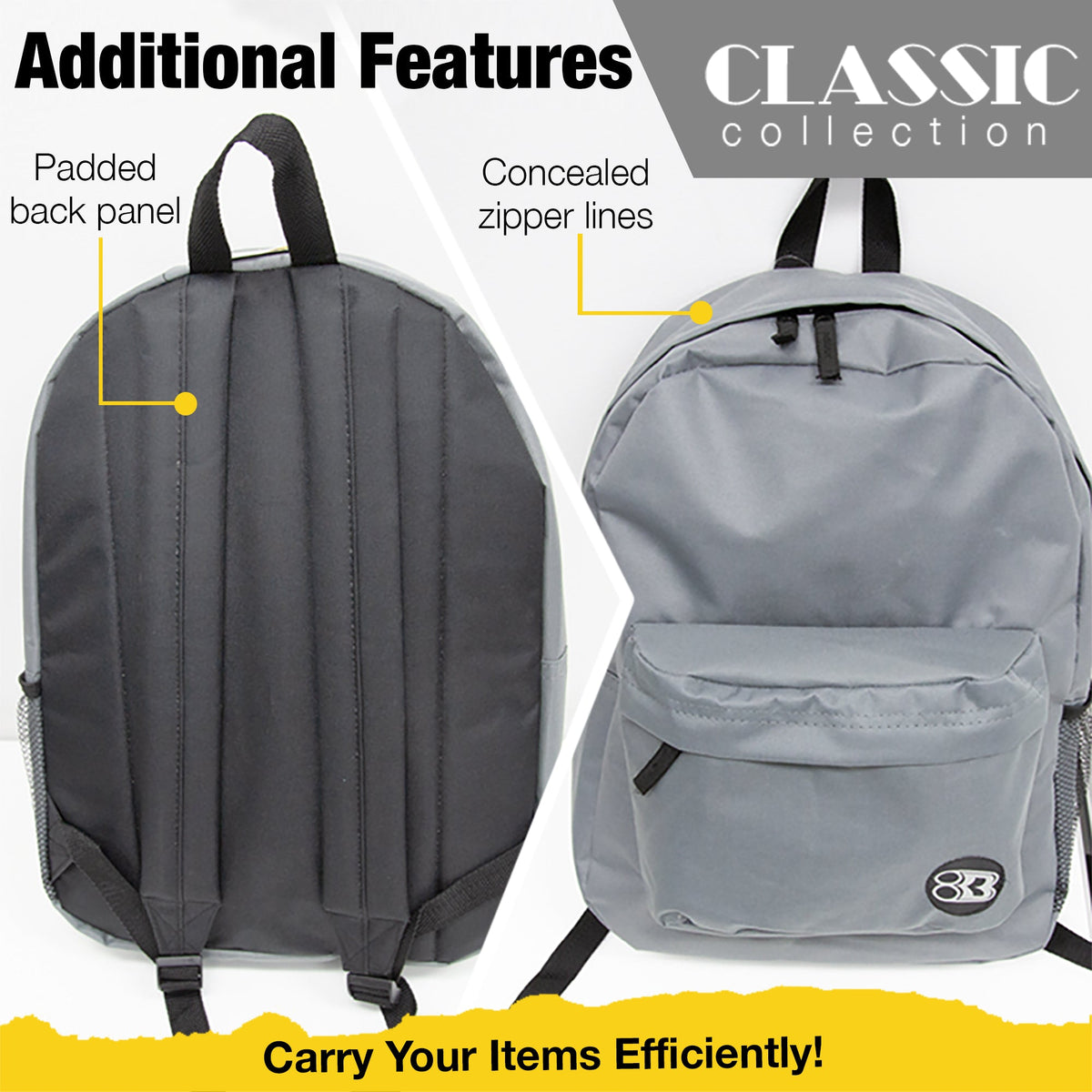 Gray backpack front and back with padded back panel and concealed zipper lines. Carry your items efficiently.