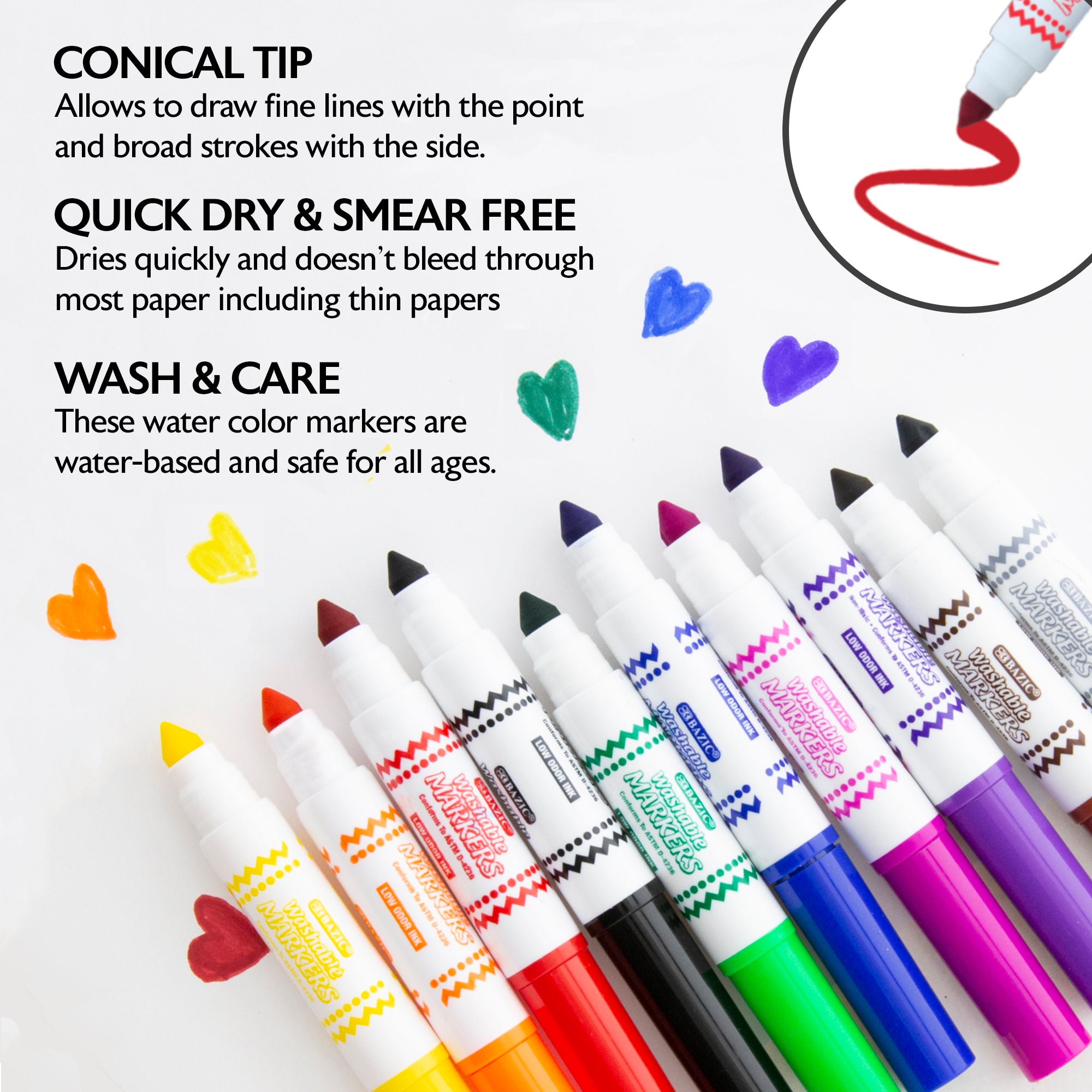 Washable Markers, Mini Broad Line, 10 Colors