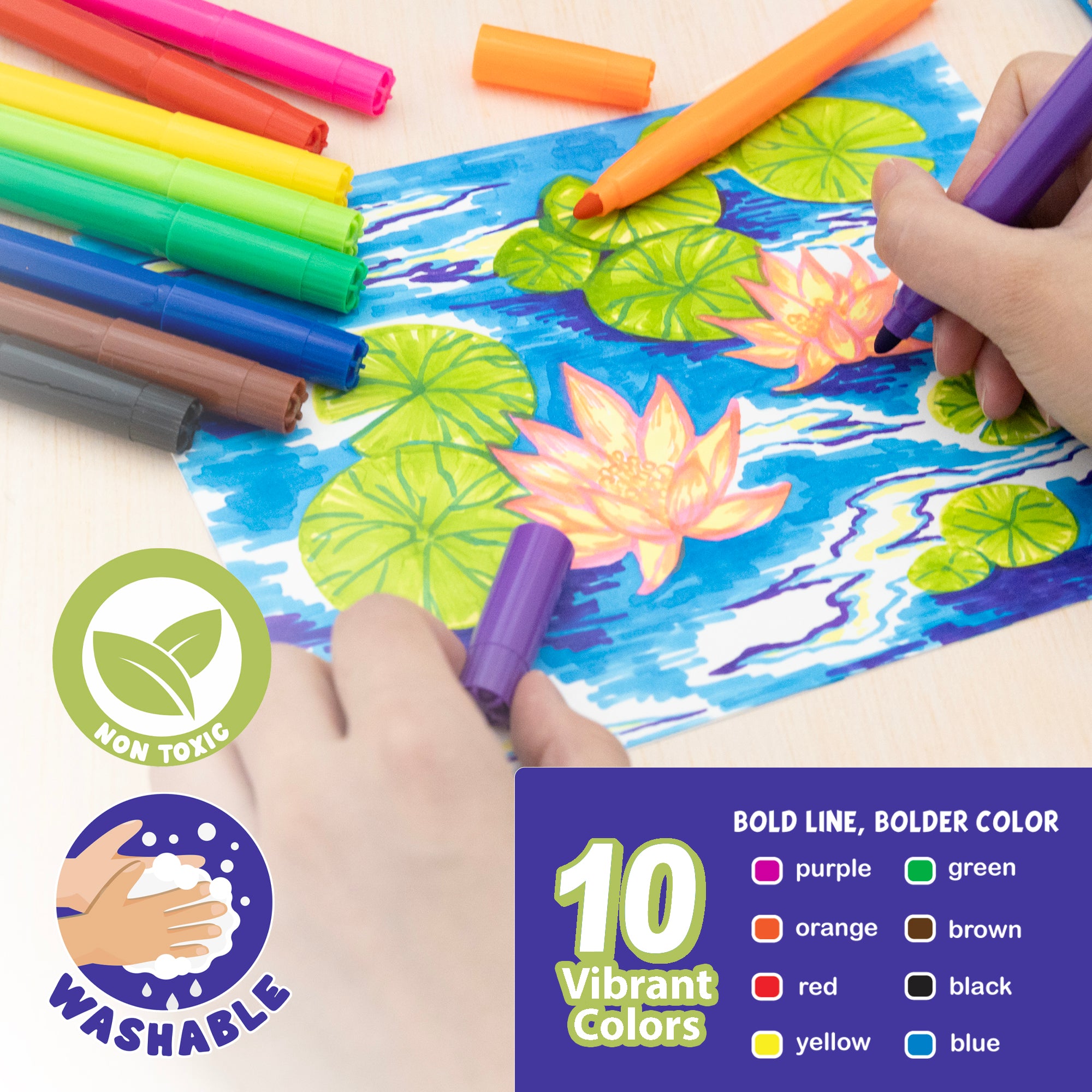 10 Classic Colors Washable Markers, Broad Line