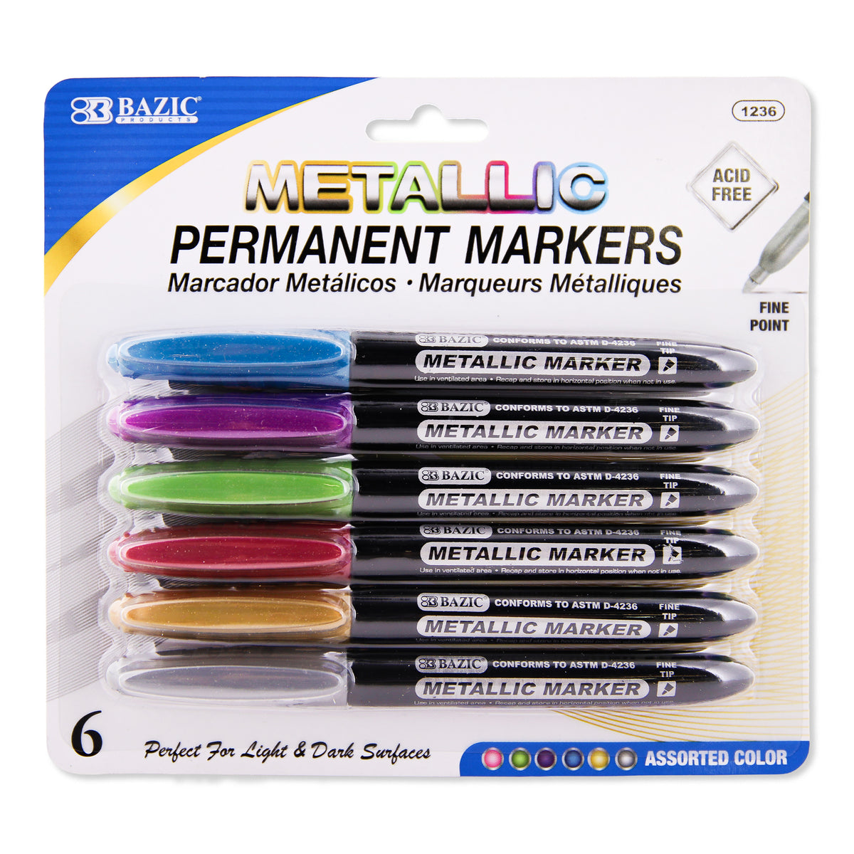 Metallic Markers, Bullet Tip, 6 Colors, Light & Dark Paper