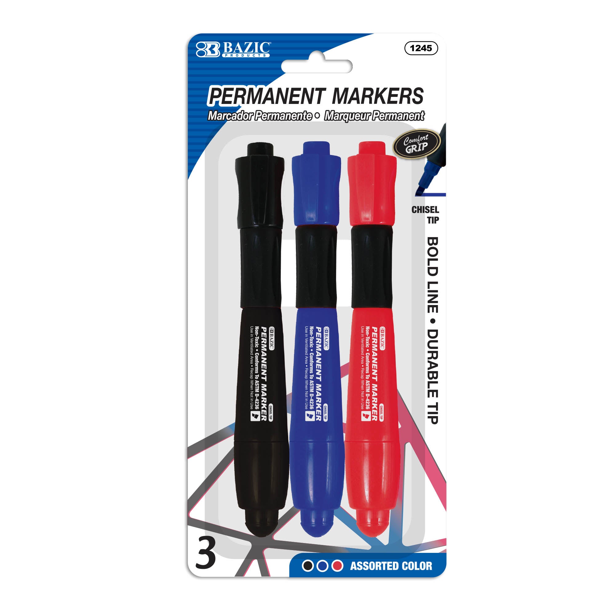 Assorted Permanent Markers, Chisel Tip, 3 Count