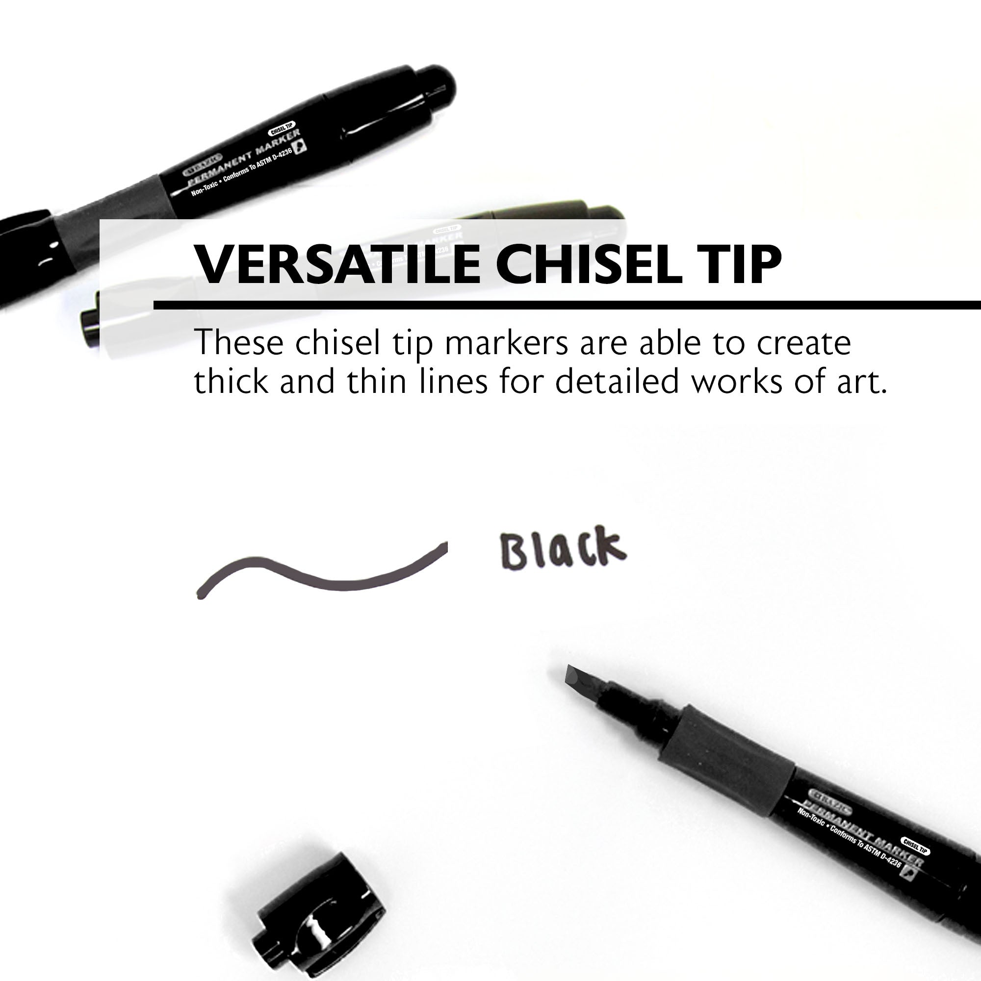 Black Permanent Markers, Chisel Tip, 3 Count