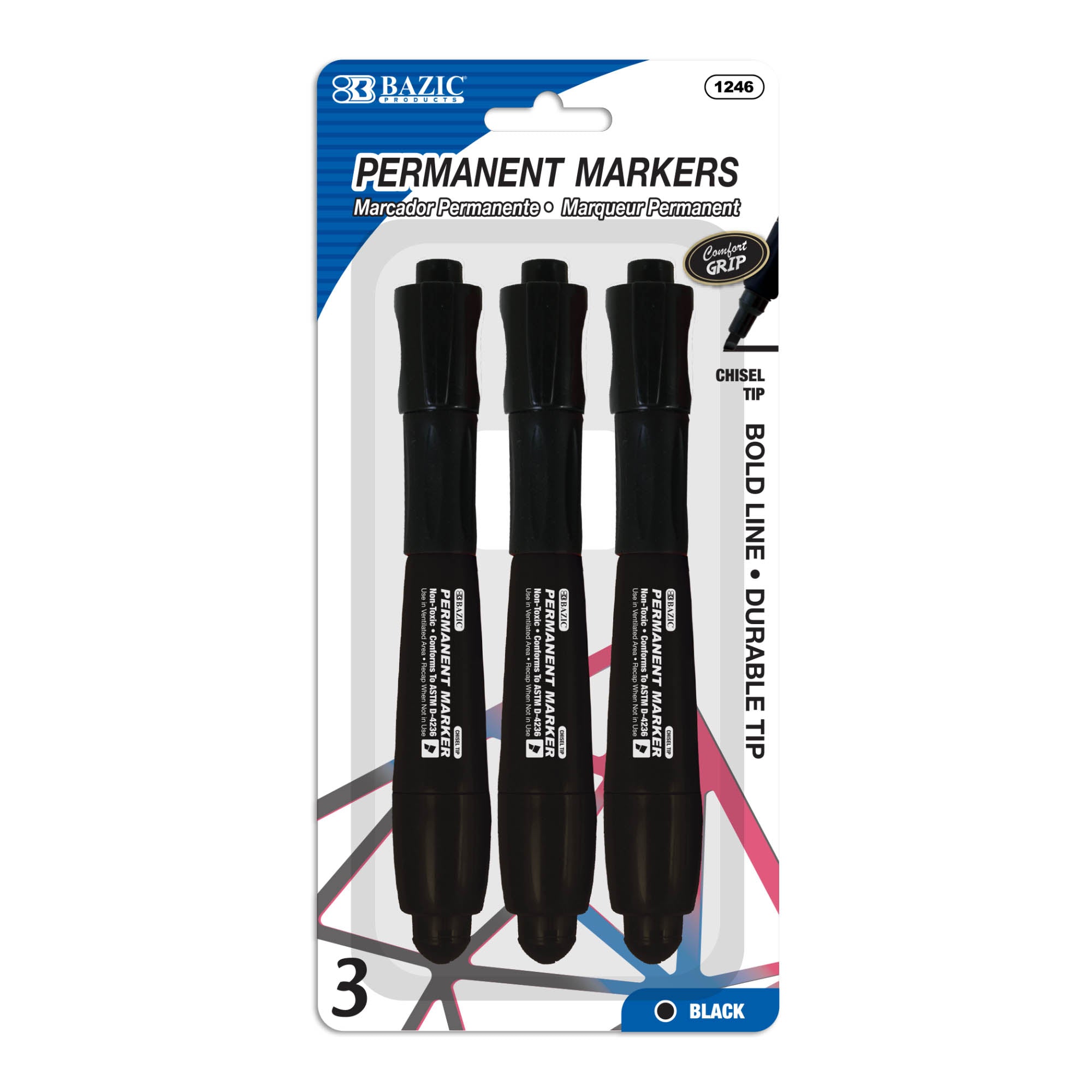 Black Permanent Markers, Chisel Tip, 3 Count