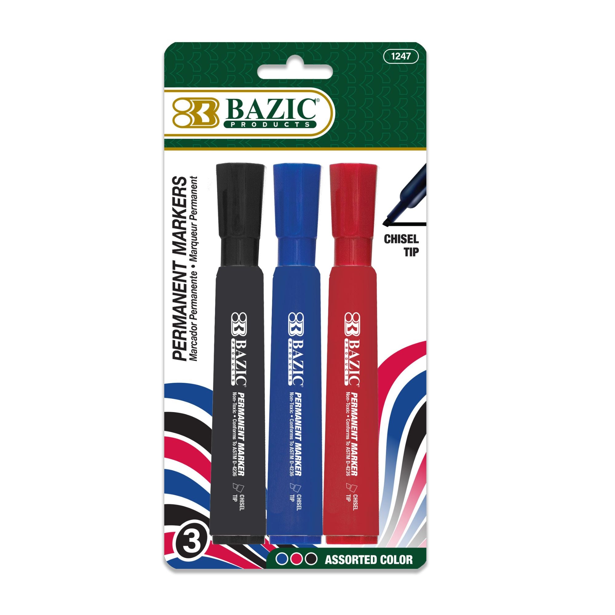 Assorted Colors Chisel Tip Desk Style Permanent Markers (3/Pack)