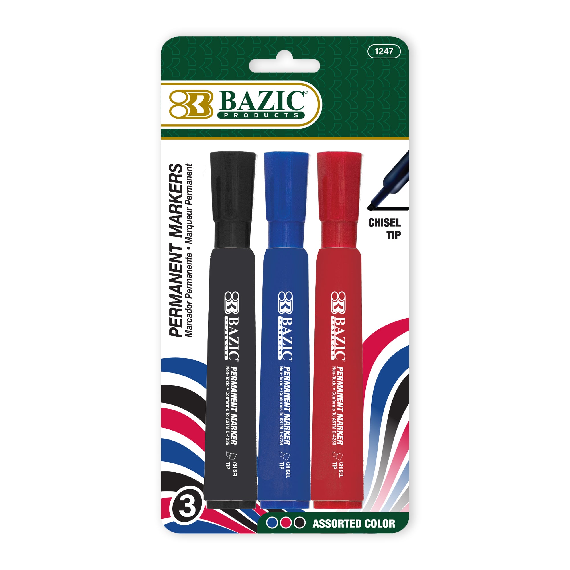 Assorted Permanent Markers, Chisel Tip, 3 Count