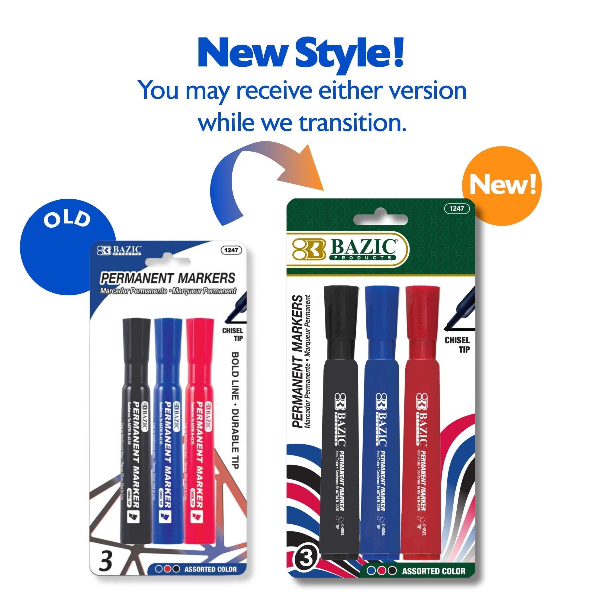 Assorted Permanent Markers, Chisel Tip, 3 Count