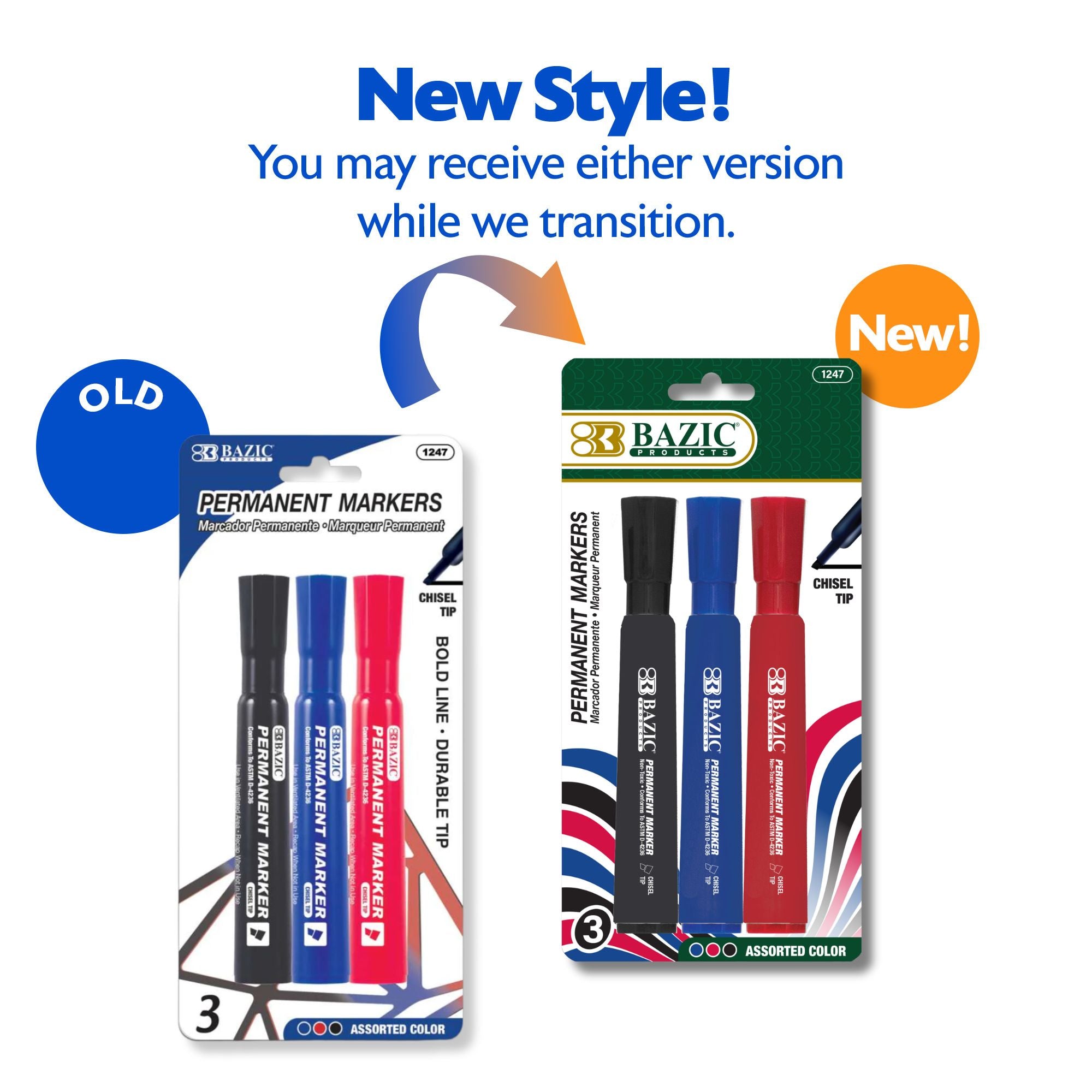 Assorted Colors Chisel Tip Desk Style Permanent Markers (3/Pack)