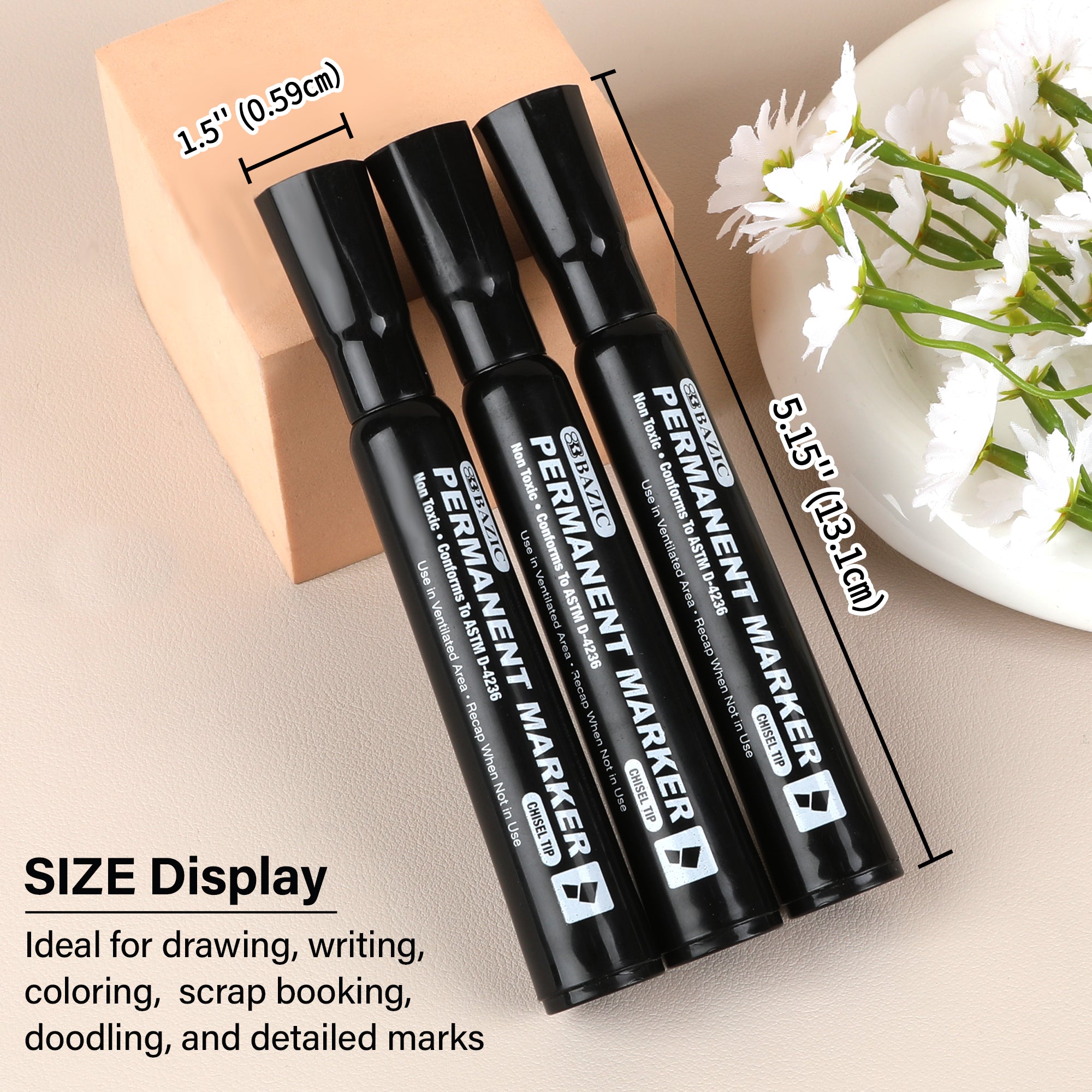 Black Chisel Tip Desk Style Permanent Markers (3/Pack)