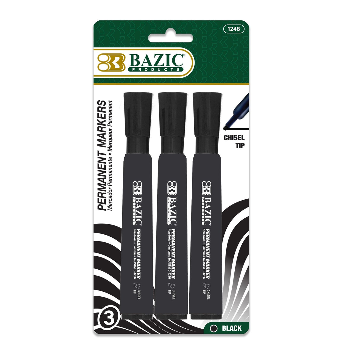 BAZIC Black Desk Style Chisel Permanent Markers, 3 markers