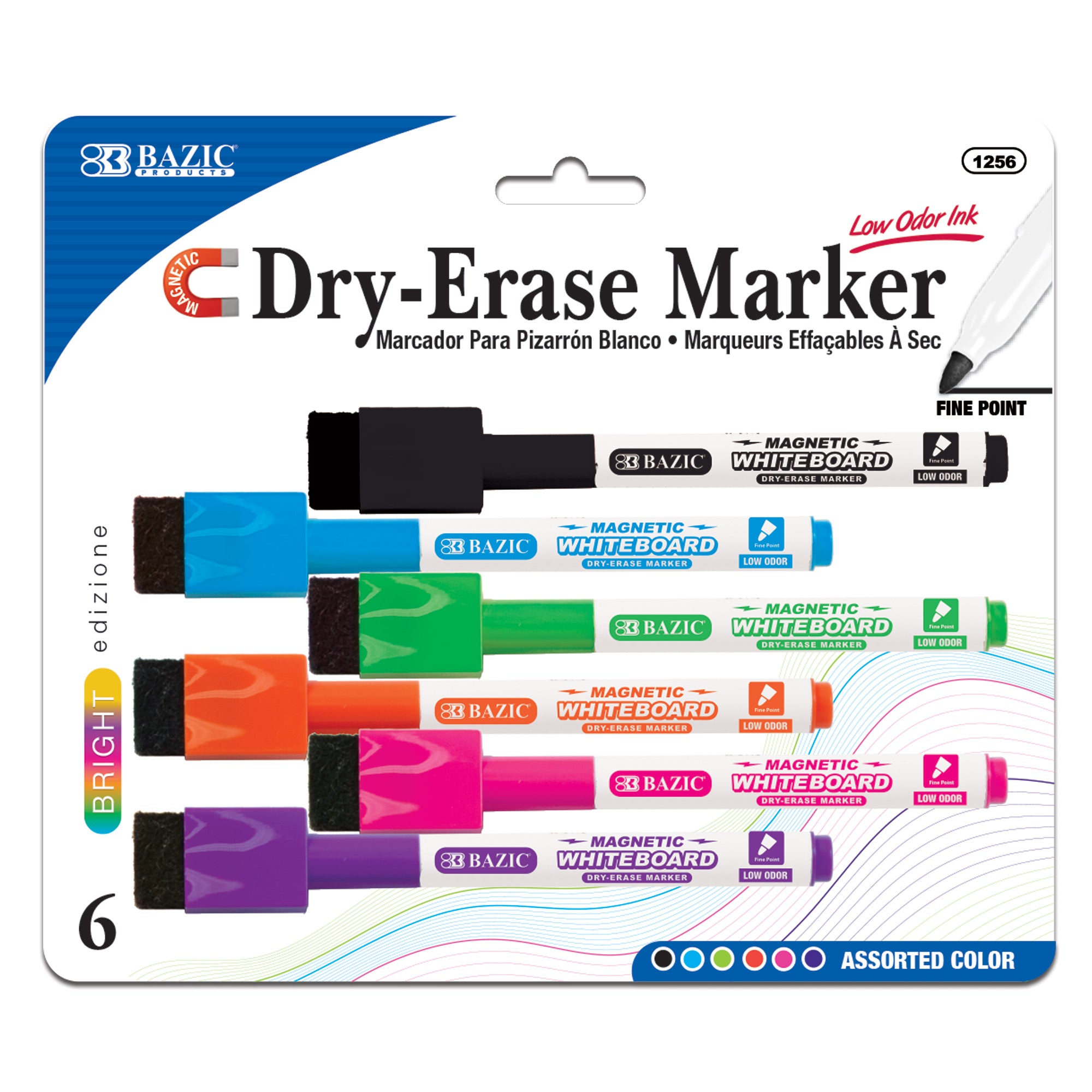 Dry Erase Markers, Fine Tip, Magnetic, 6-Count