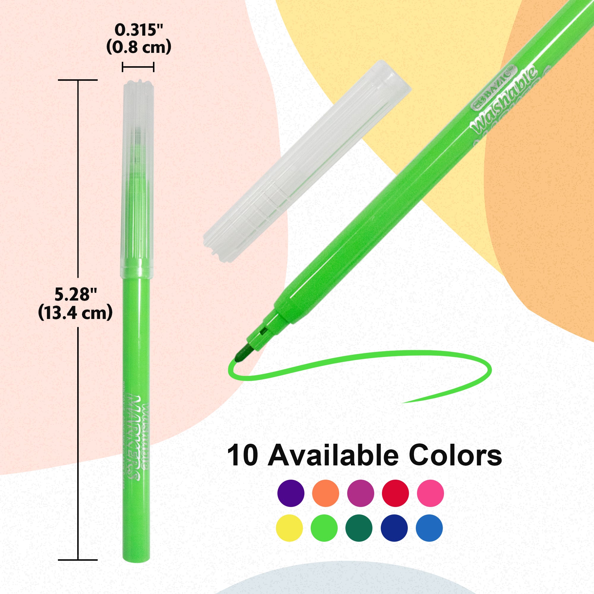 10 Colors Washable Markers, Fine Tip, for Kids School Art