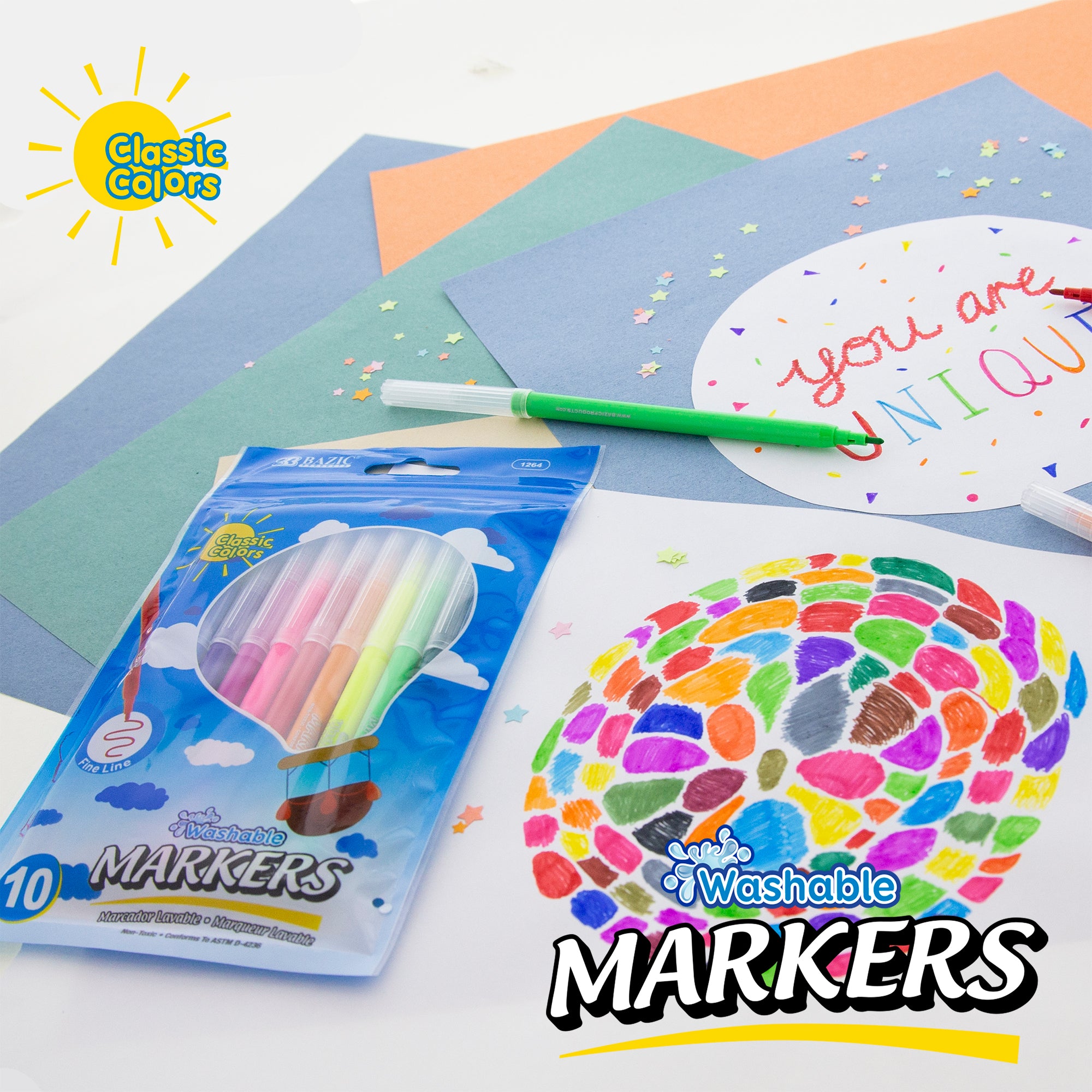 10 Colors Washable Markers, Fine Tip, for Kids School Art