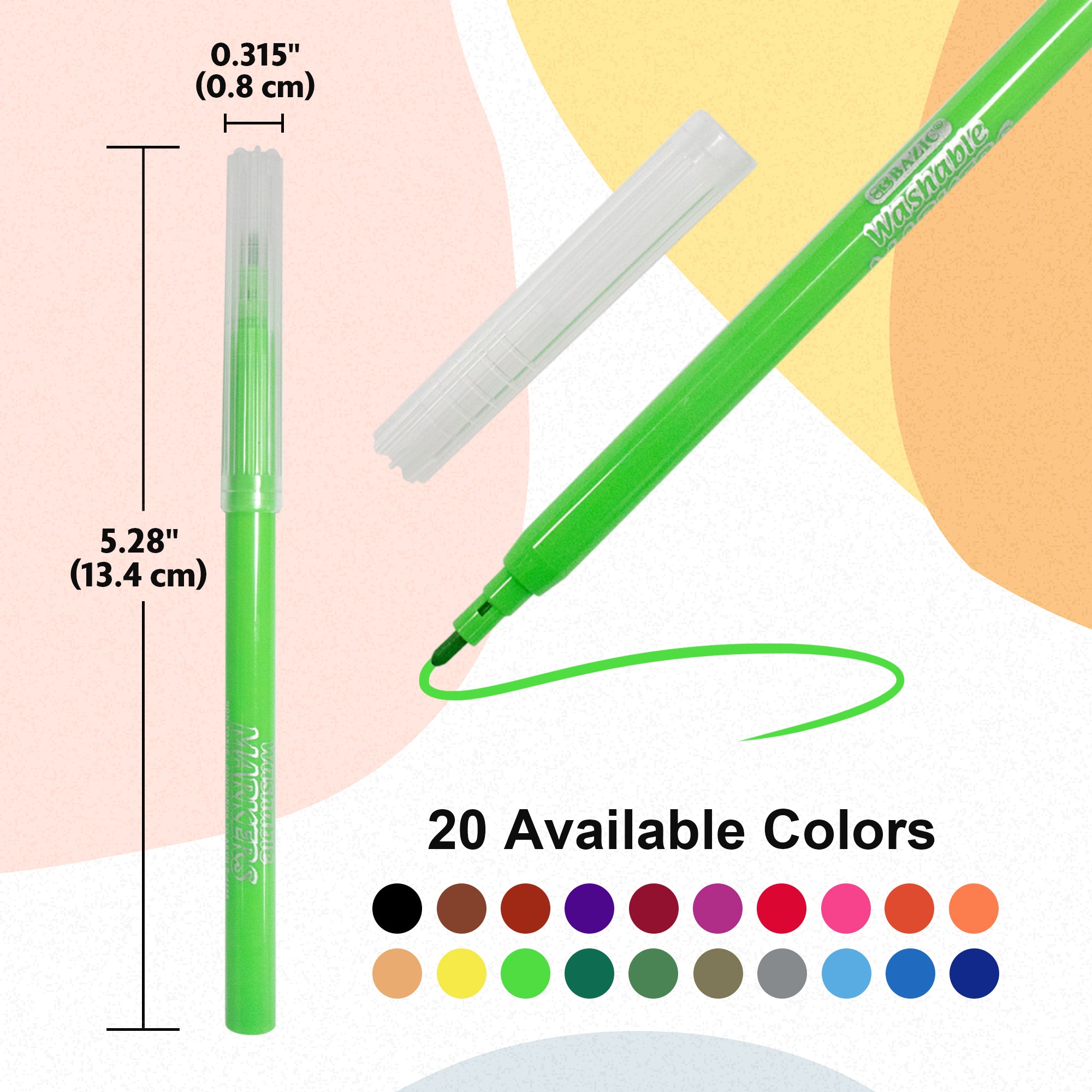 20 Colors Washable Markers, Fine Tip, for Kids School Art