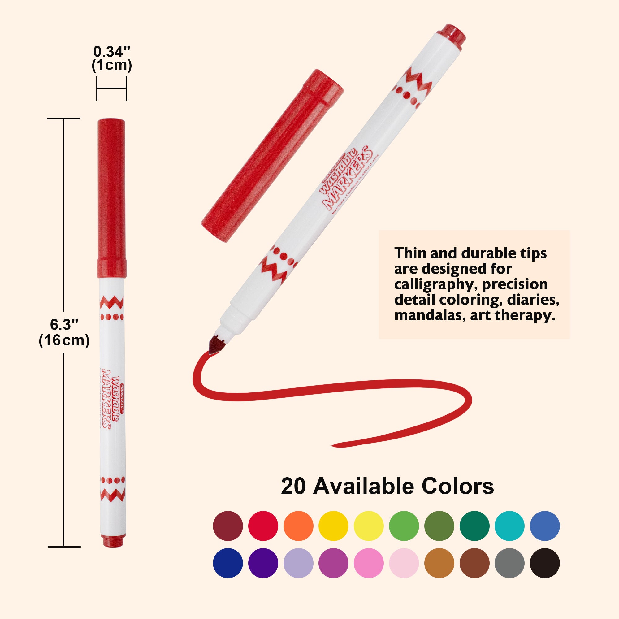 20 Colors Washable Markers, Super Tip, for Kids School Art