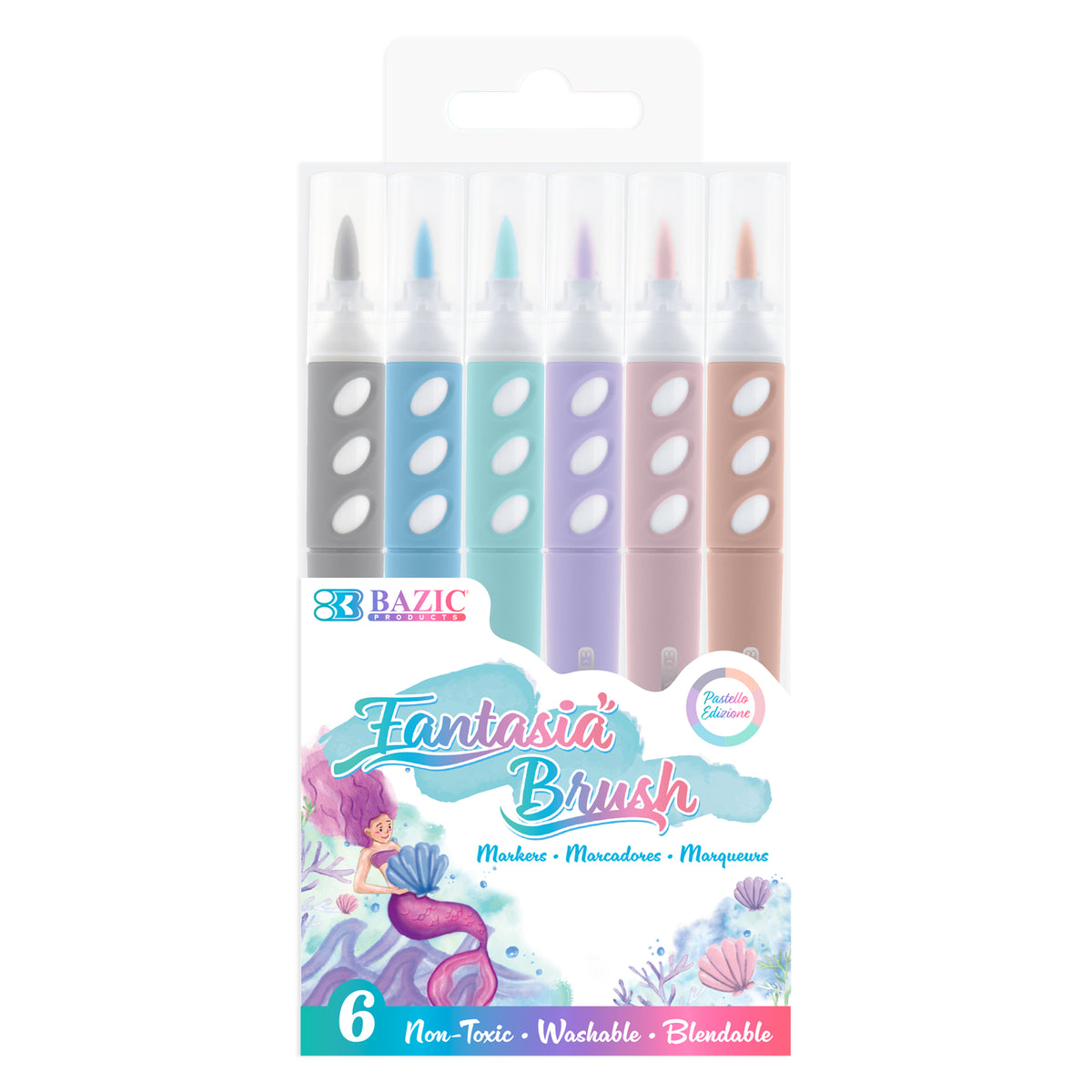 BAZIC Fantasia Brush Markers, Pastel, Dual Tip, 6 Colors, Washable