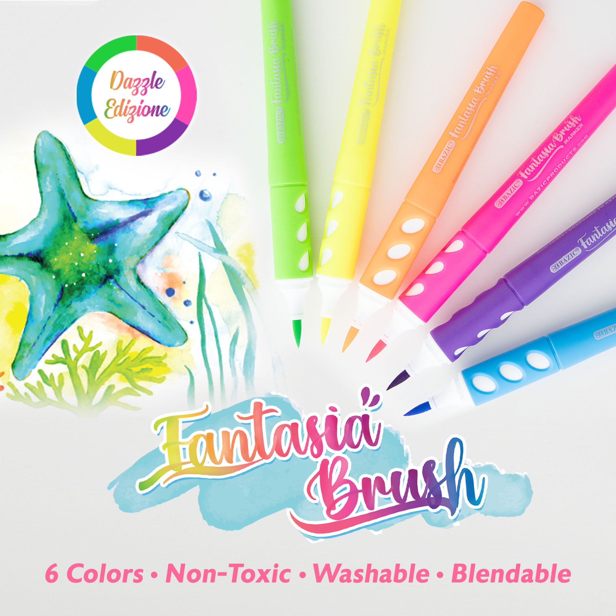 6 Fluorescent Colors Brush Markers