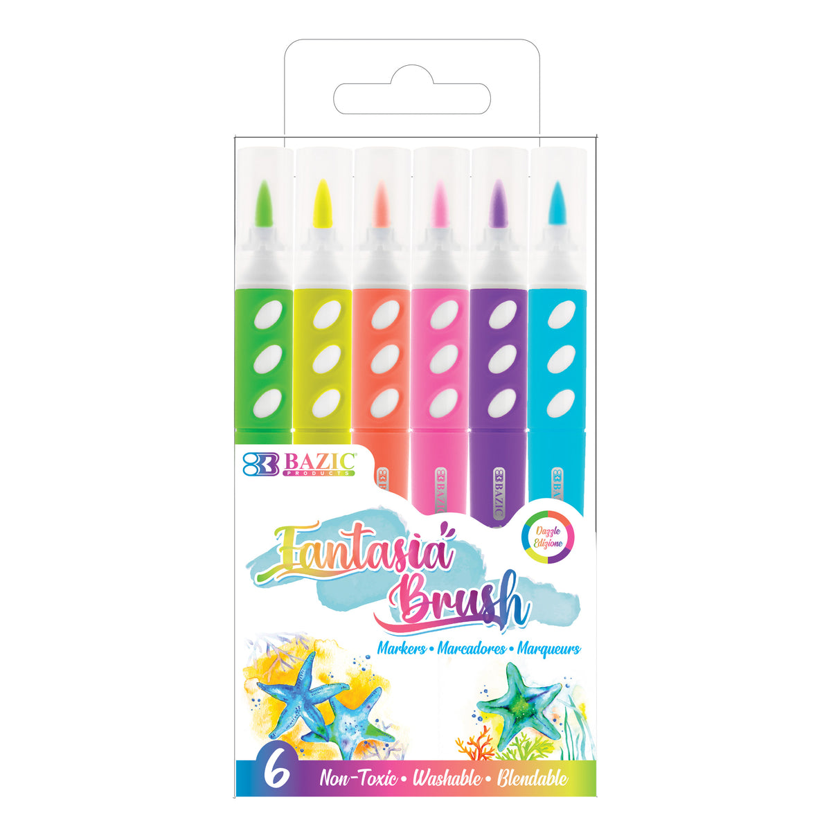 BAZIC Fantasia Brush Markers, Fluorescent, Dual Tip, Washable