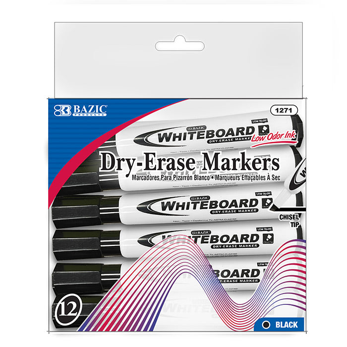 Dry Erase Markers, 12 Black Chisel Tip, Low Odor