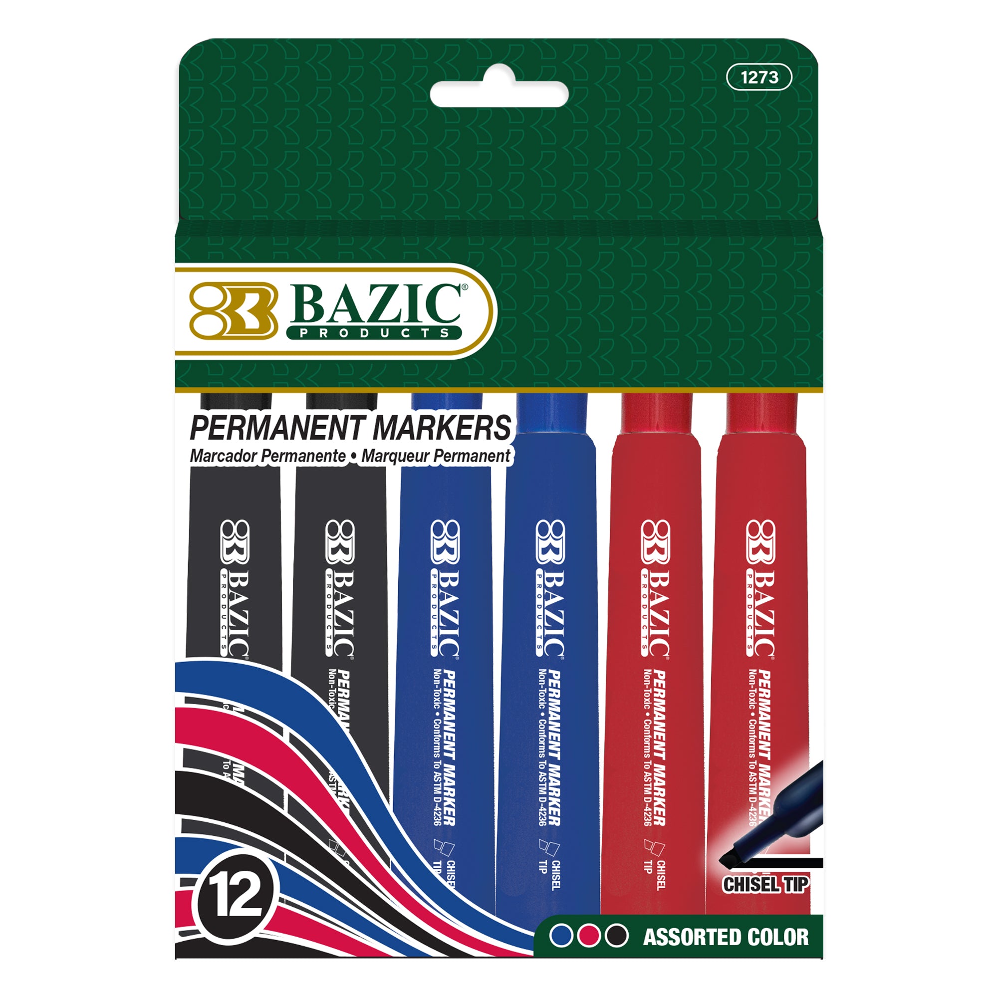 Assorted Permanent Markers, Chisel Tip, 12 Count