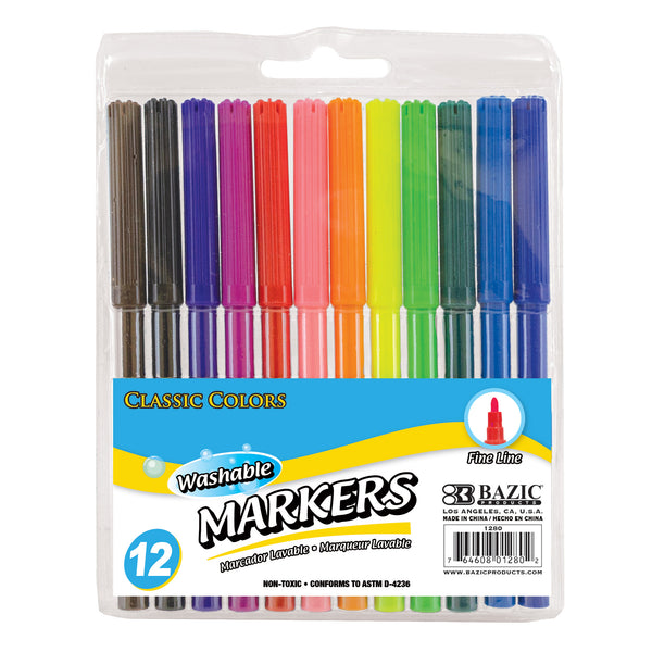 12 Classic Colors Washable Markers, Fine Tip