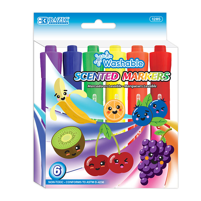 BAZIC Washable Scented Markers, 6 Colors, Chisel Tip, Non-Toxic