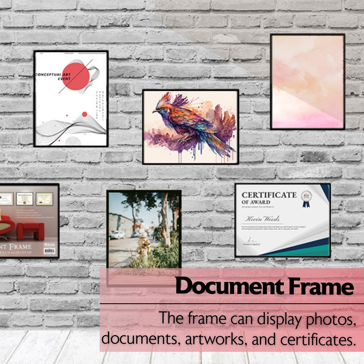 Black frames on a brick wall display photos, documents, artworks, and certificates, as stated in the text.