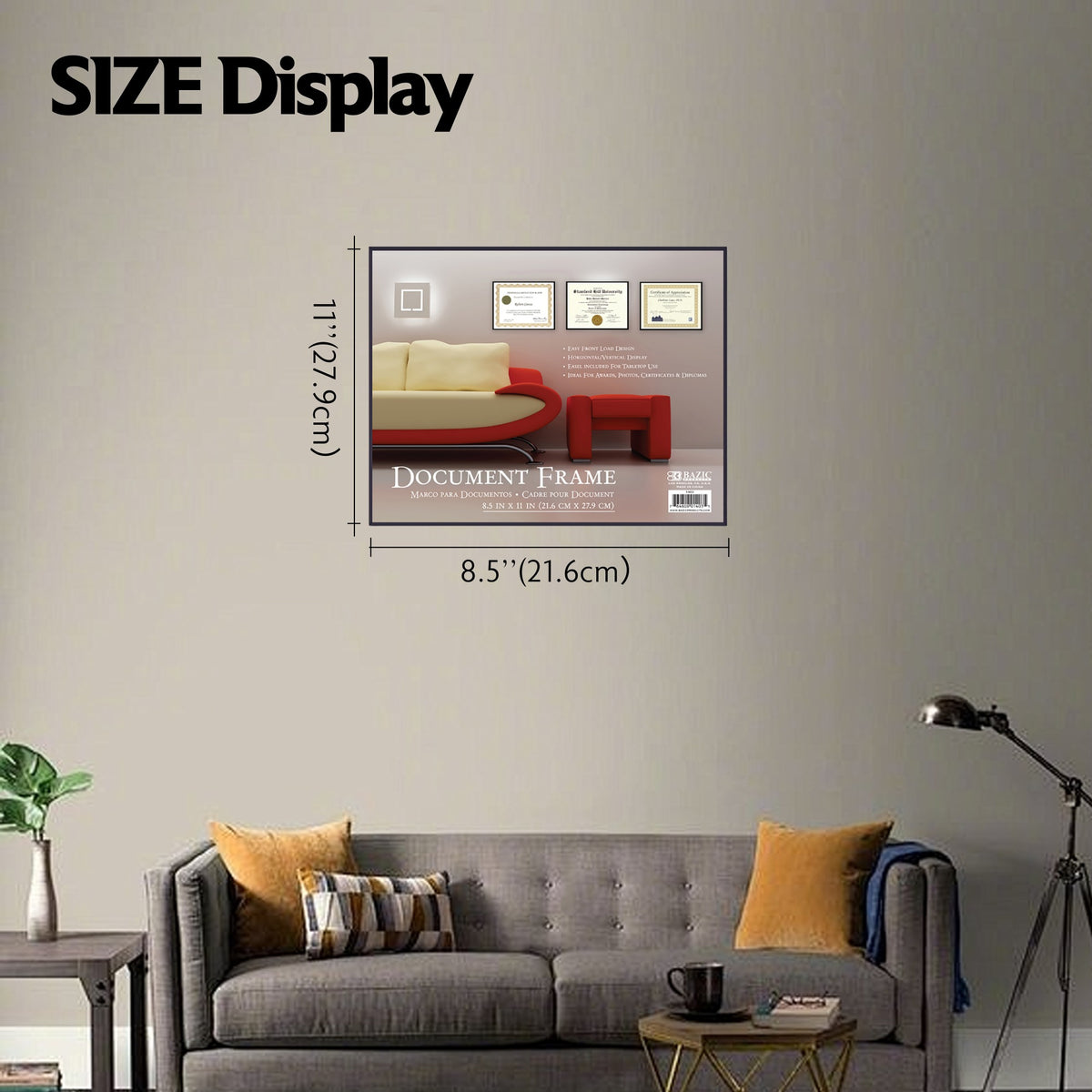 Black document frame size display: 8.5 inches (21.6 cm) wide by 11 inches (27.9 cm) tall.