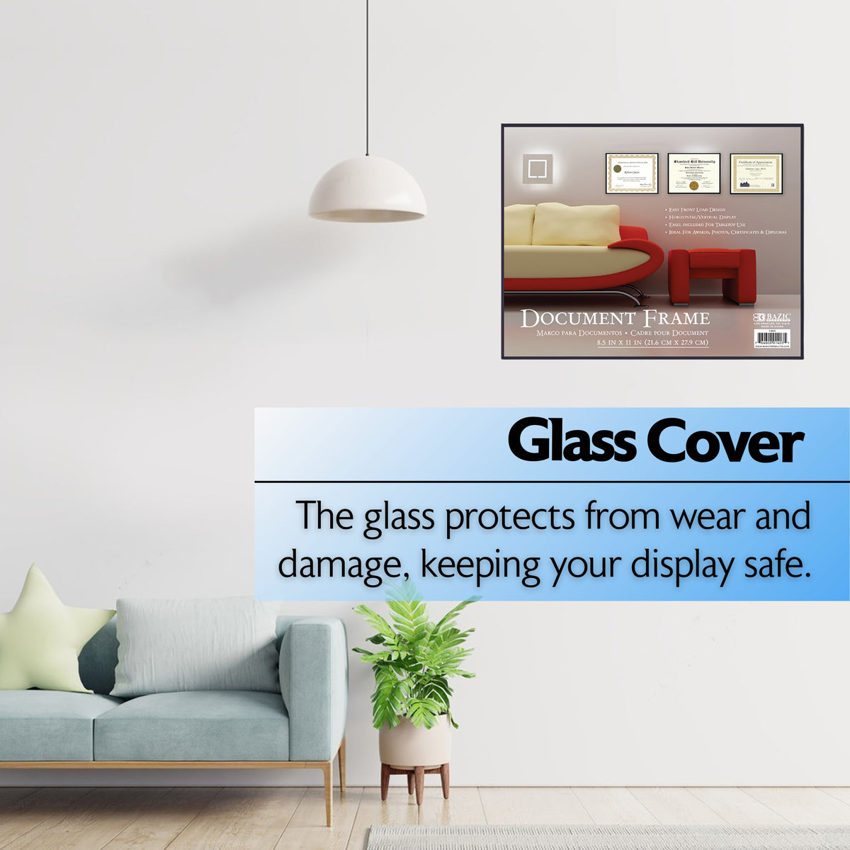 Black frame on a wall. Glass cover protects from wear and damage, keeping your display safe.