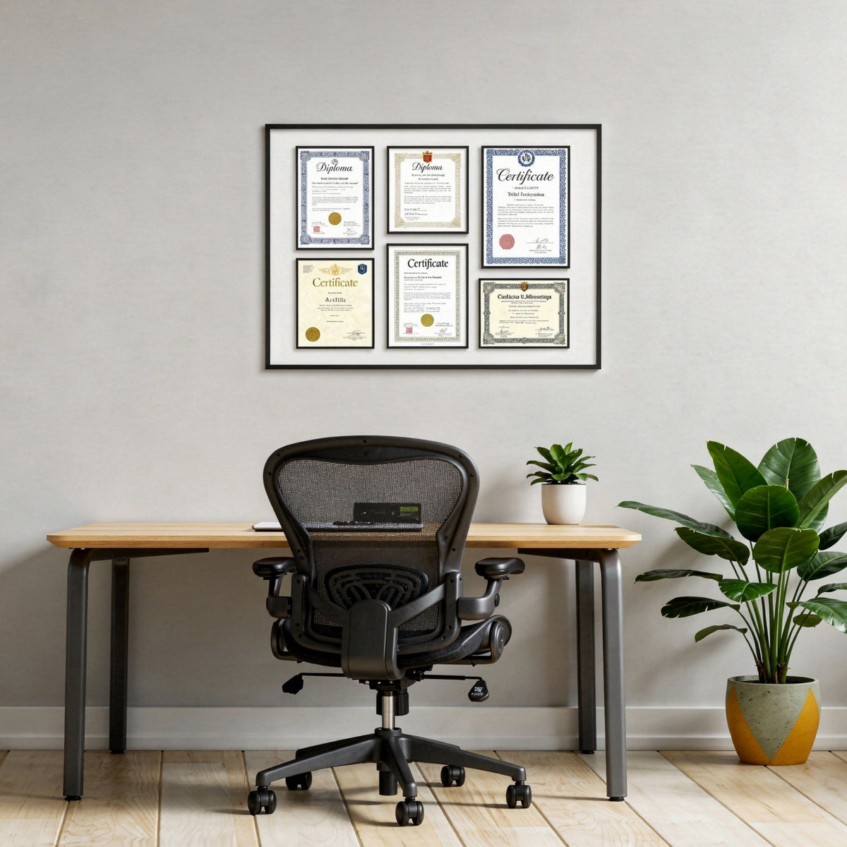 Six diplomas and certificates in black frames displayed above an office desk.