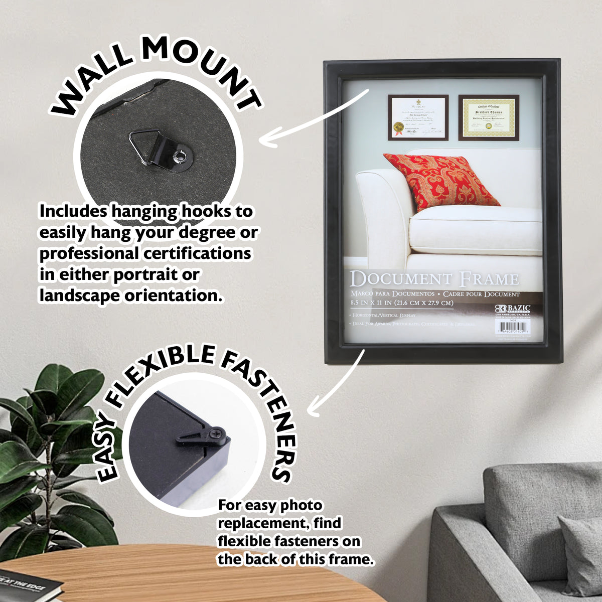 Black frame with wall hooks for portrait or landscape hanging and flexible back fasteners for easy photo replacement.