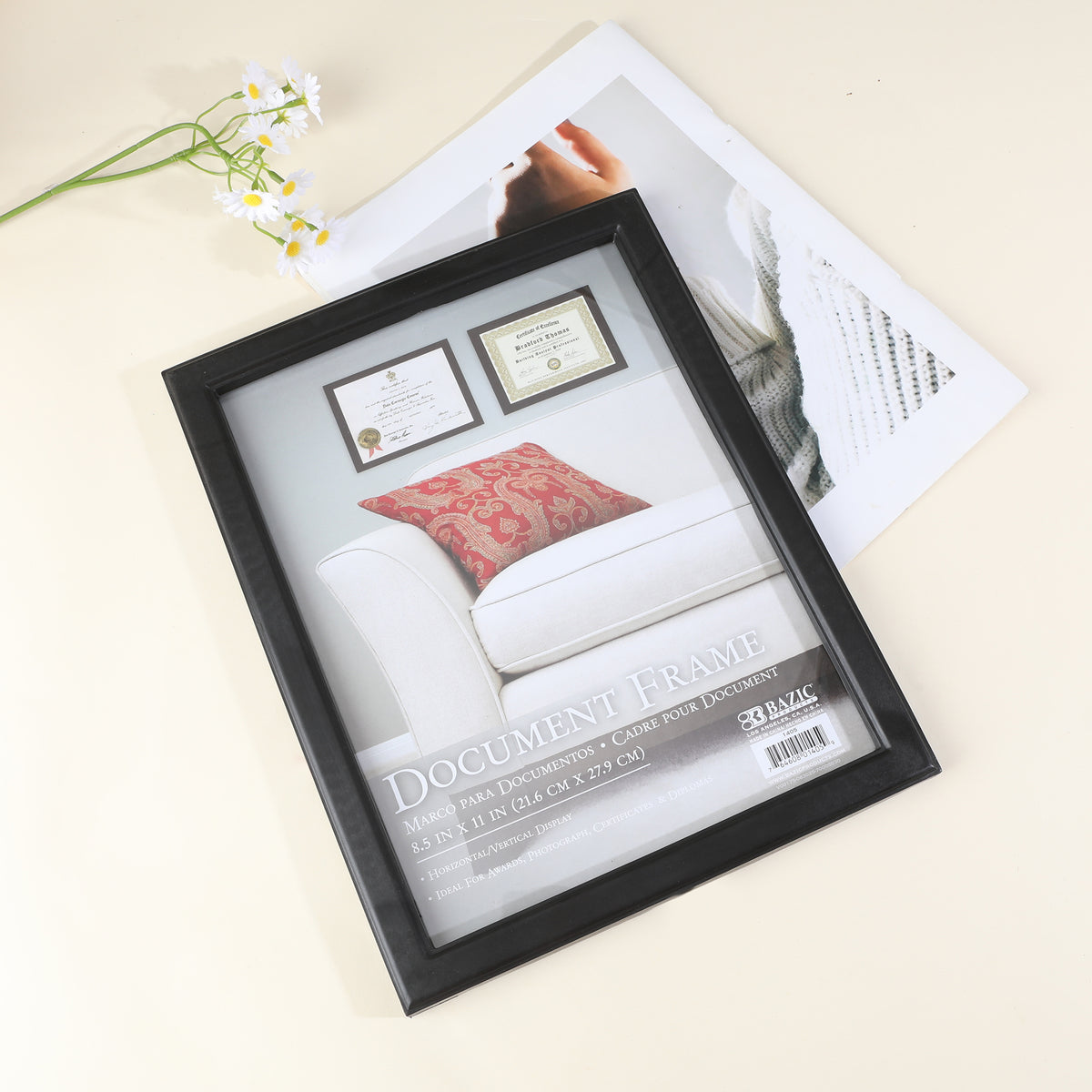 Black document frame with retail insert: 8.5 x 11 in (21.6 x 27.9 cm), for horizontal or vertical display.