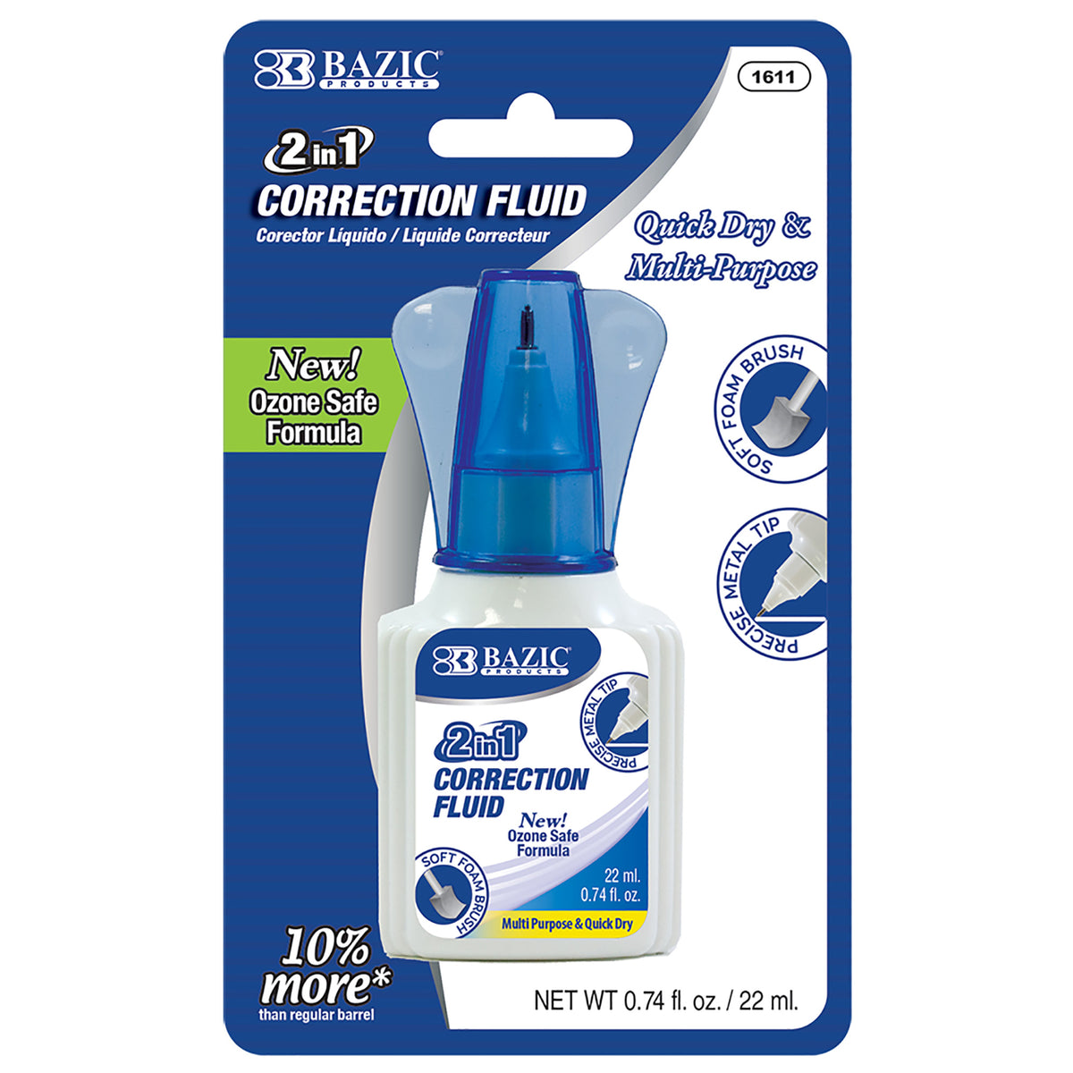 BAZIC 2-in-1 Correction Fluid, Foam Brush and Pen Tip, 22mL