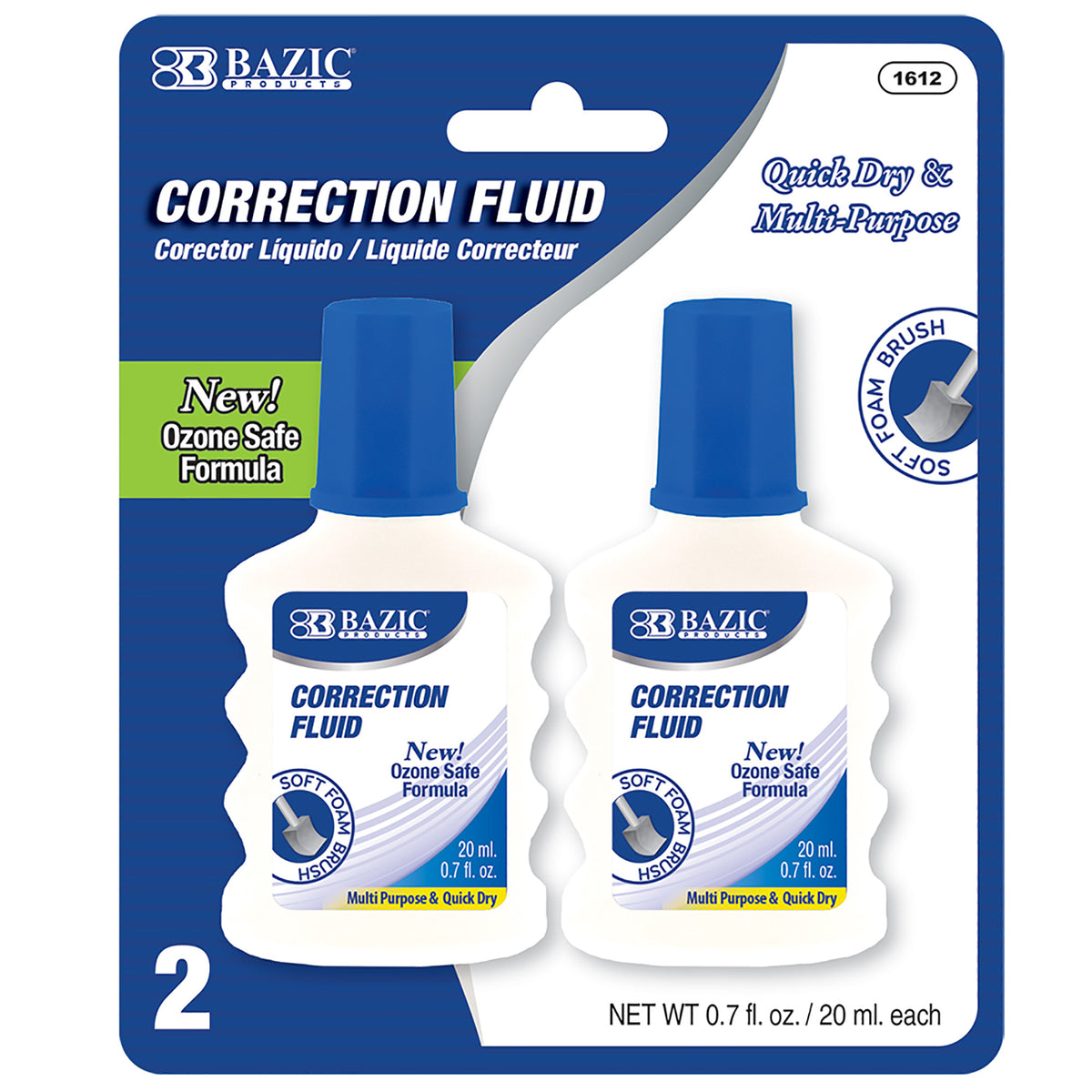 BAZIC Correction Fluid with Foam Brush, Fast-Dry White, 20mL, 2-pack