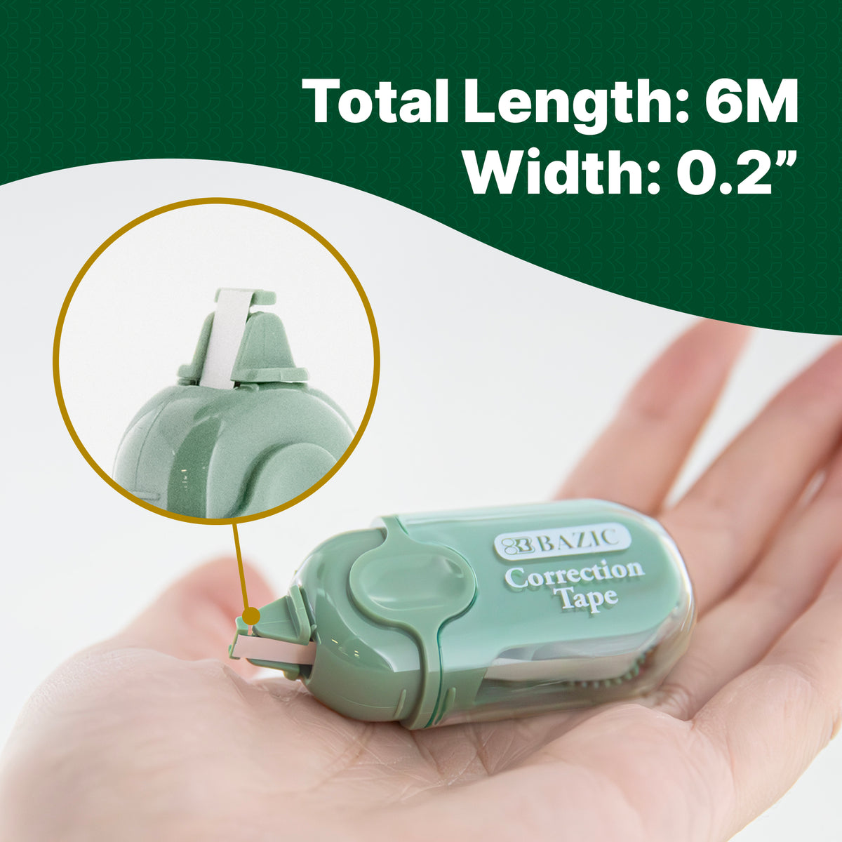 Mint green correction tape in a palm with applicator close-up. Total length: 6 m; width: 0.2 inches.