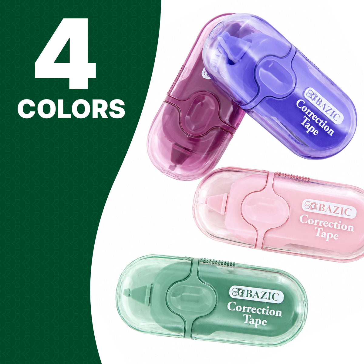 4 colors: mini correction tape dispensers with clear protective caps in purple, magenta, pink and green.